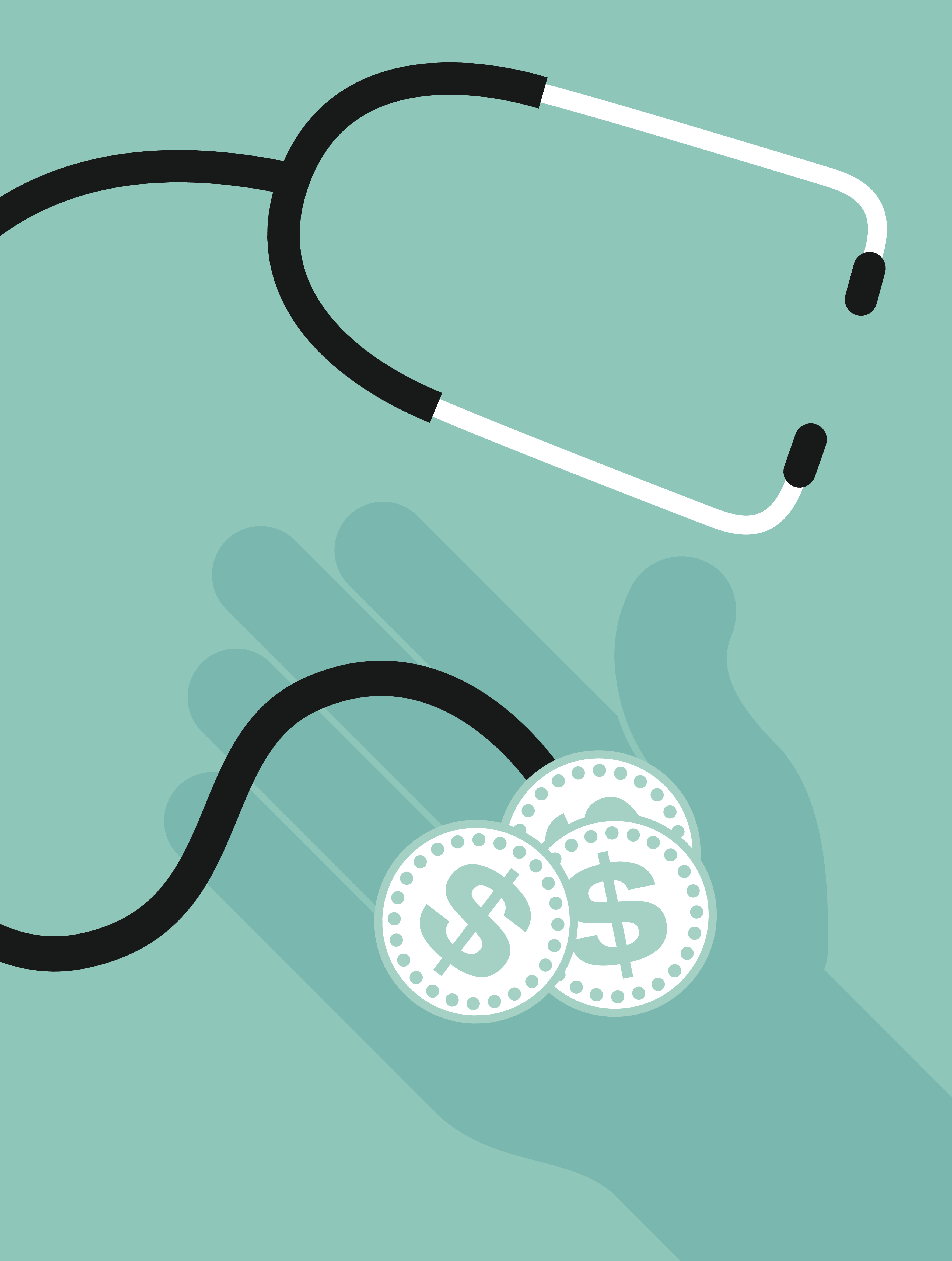Stethoscope checking hand holding dollar coins