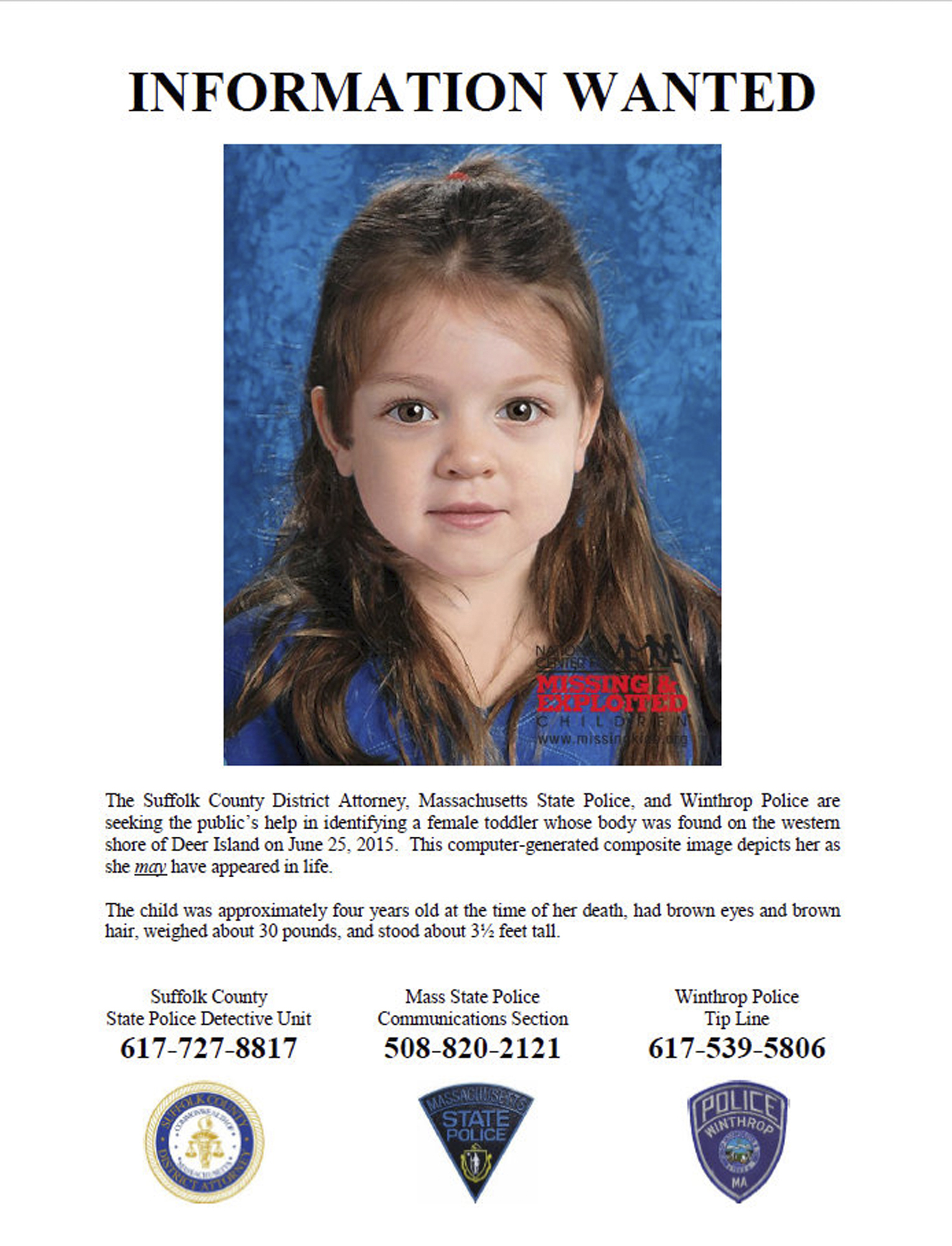 This flyer released on July 2, 2015, includes a computer-generated composite image depicting the possible likeness of a young girl, whose body was found on the shore of Deer Island in Boston Harbor on June 25, 2015. (Suffolk County District Attorney/AP)