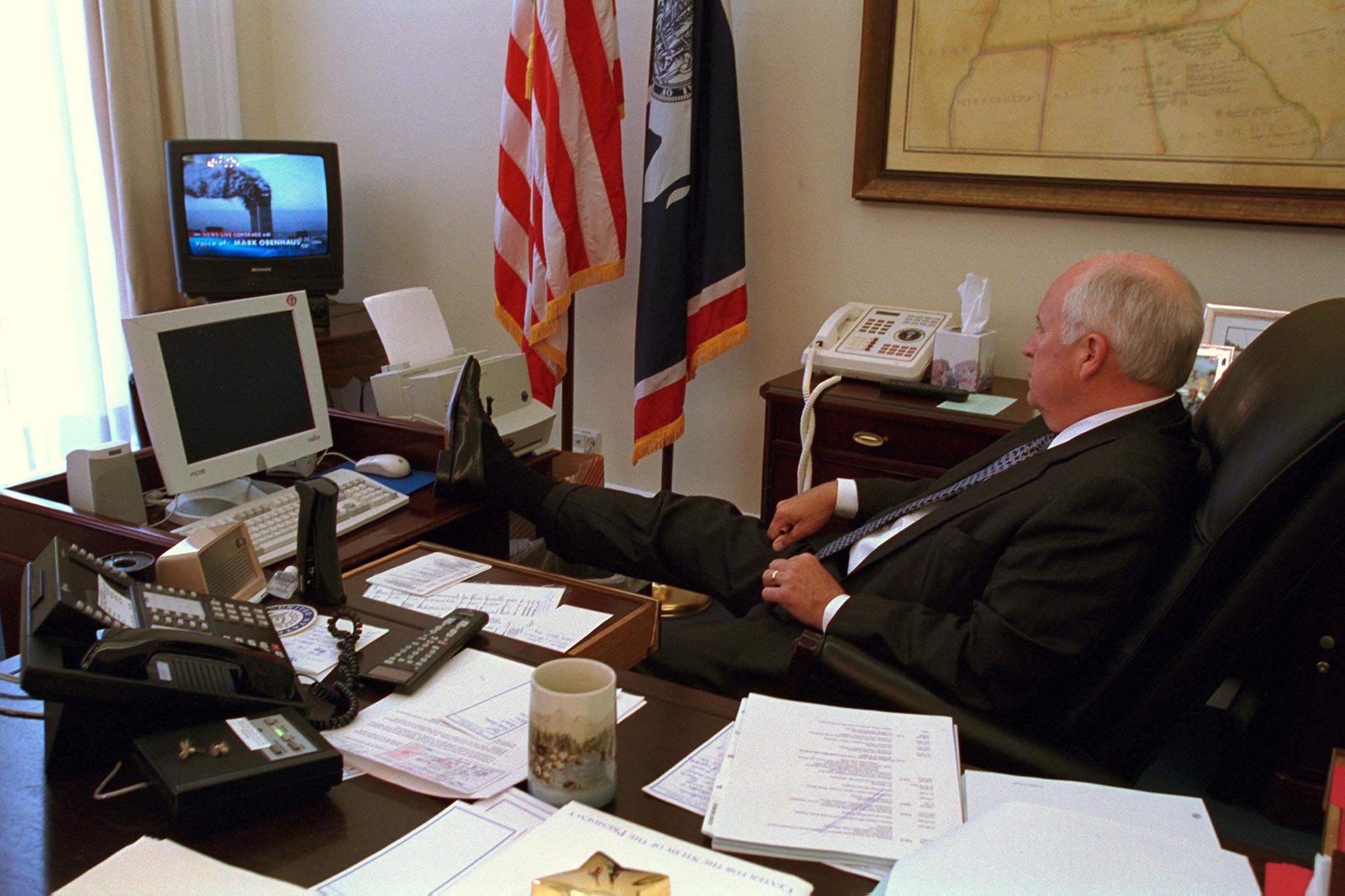 Reports of the attack on the World Trade Center's twin towers played on television in Vice President Cheney's office on Sept. 11, 2001.