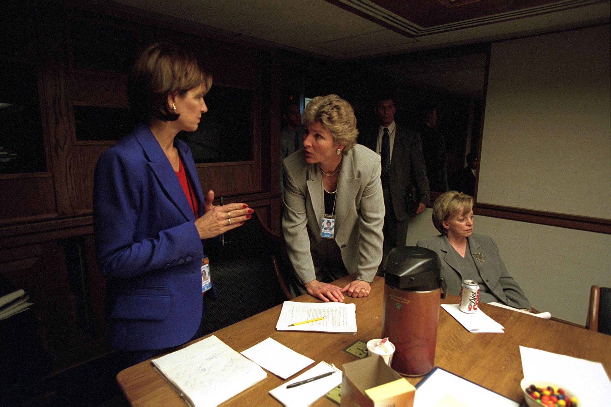 Mary Matalin talks with Karen Hughes and Lynne Cheney in the President's Emergency Operations Center