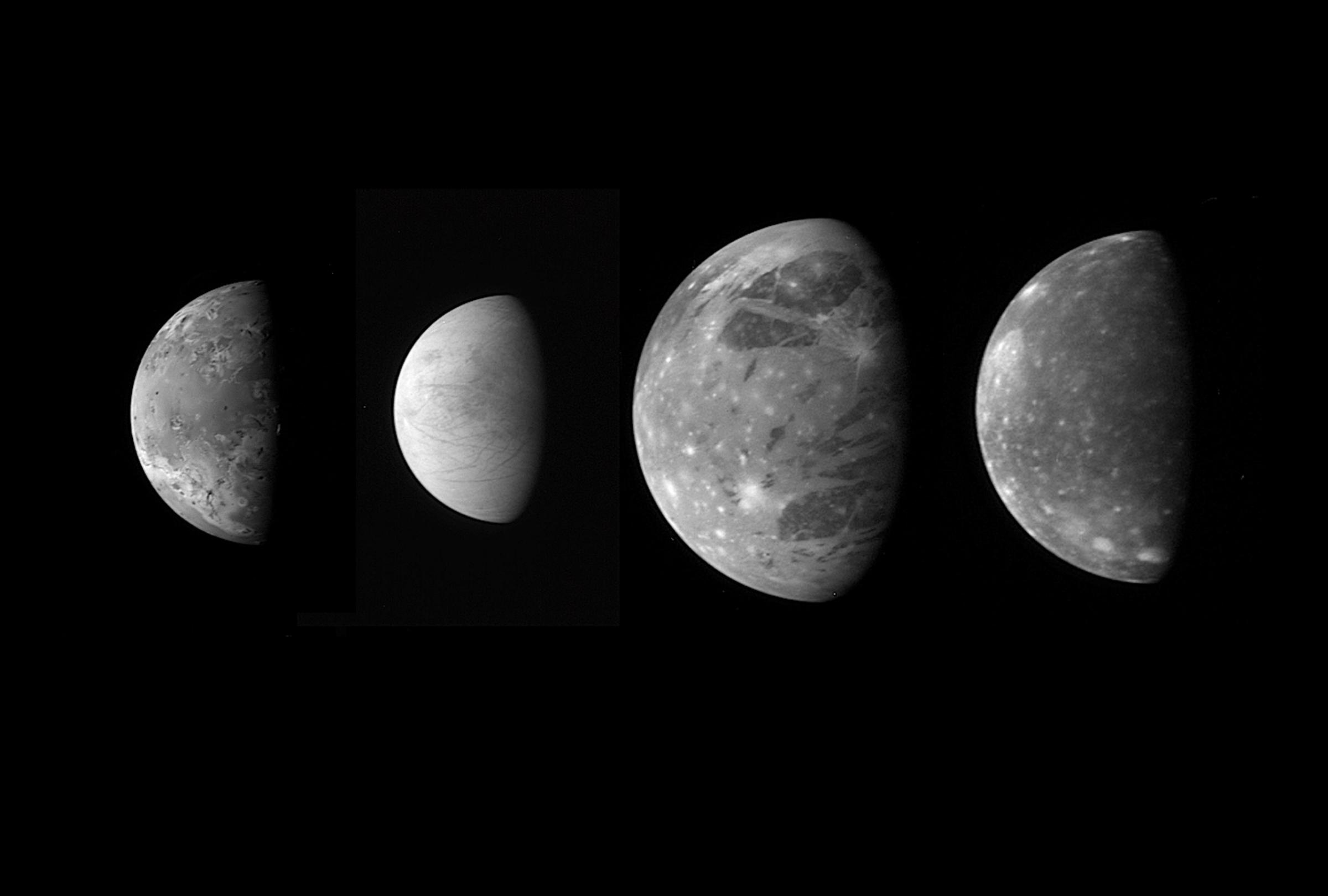 Jupiter's Moons: Family PortraitRelease Date: May 1, 2007Keywords: Callisto, crater, Europa, Galilean satellite, Ganymede, Io, Jupiter, LORRI, moon(s)This montage shows the best views of Jupiter's four large and diverse "Galilean" satellites as seen by the Long Range Reconnaissance Imager (LORRI) on the New Horizons spacecraft during its flyby of Jupiter in late February 2007. The four moons are, from left to right: Io, Europa, Ganymede and Callisto. The images have been scaled to represent the true relative sizes of the four moons and are arranged in their order from Jupiter.Io, 3,640 kilometers (2,260 miles) in diameter, was imaged at 03:50 Universal Time on February 28 from a range of 2.7 million kilometers (1.7 million miles). The original image scale was 13 kilometers per pixel, and the image is centered at Io coordinates 6 degrees south, 22 degrees west. Io is notable for its active volcanism, which New Horizons has studied extensively. Europa, 3,120 kilometers (1,938 miles) in diameter, was imaged at 01:28 Universal Time on February 28 from a range of 3 million kilometers (1.8 million miles). The original image scale was 15 kilometers per pixel, and the image is centered at Europa coordinates 6 degrees south, 347 degrees west. Europa's smooth, icy surface likely conceals an ocean of liquid water. New Horizons obtained data on Europa�s surface composition and imaged subtle surface features, and analysis of these data may provide new information about the ocean and the icy shell that covers it.New Horizons spied Ganymede, 5,262 kilometers (3,268 miles) in diameter, at 10:01 Universal Time on February 27 from 3.5 million kilometers (2.2 million miles) away. The original scale was 17 kilometers per pixel, and the image is centered at Ganymede coordinates 6 degrees south, 38 degrees west. Ganymede, the largest moon in the solar system, has a dirty ice surface cut by fractures and peppered by impact craters. New Horizons� infrared observations may prov