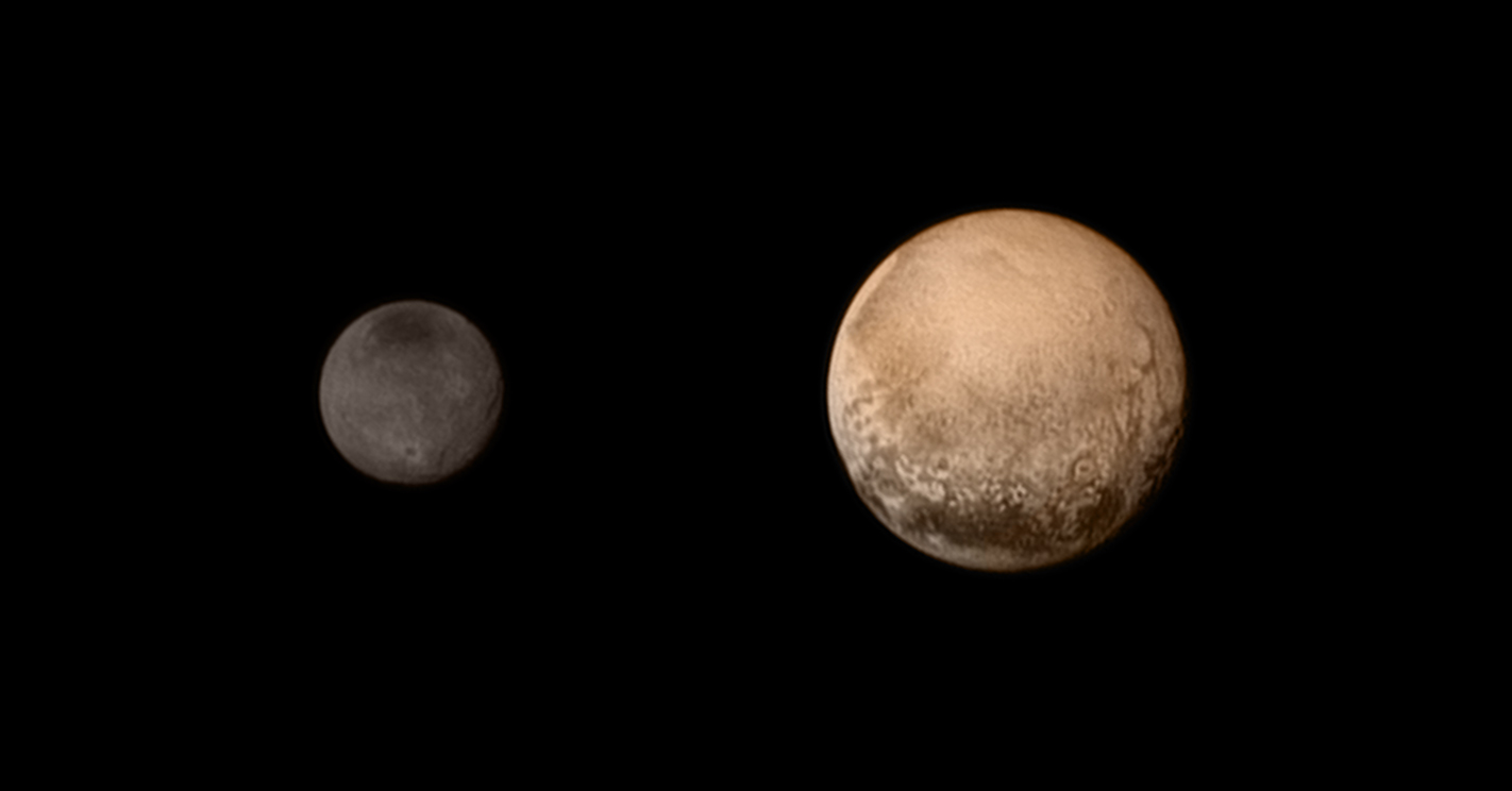 Pluto and Charon display striking color and brightness contrast in this composite image from July 11.