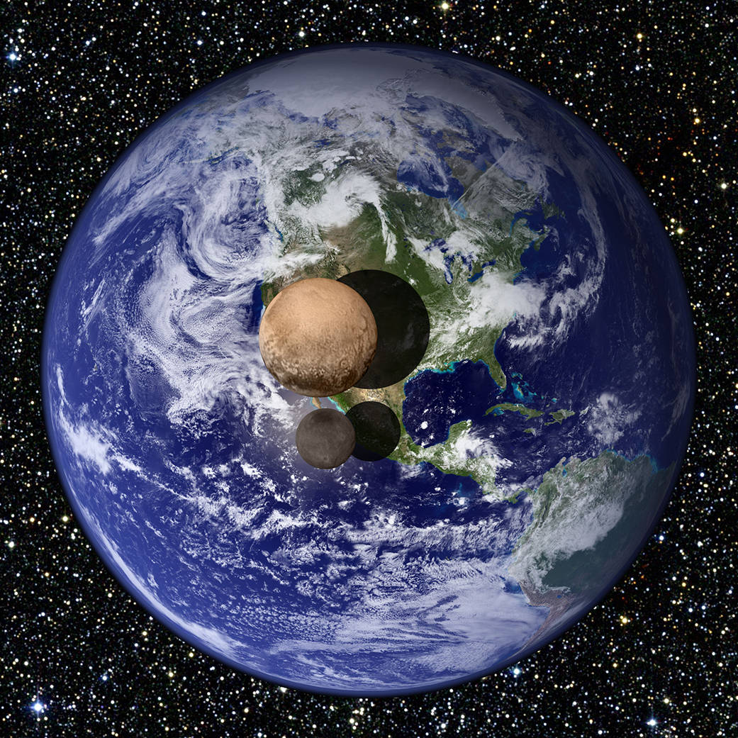 This graphic presents a view of Pluto and Charon as they would appear if placed slightly above Earth's surface and viewed from a great distance.