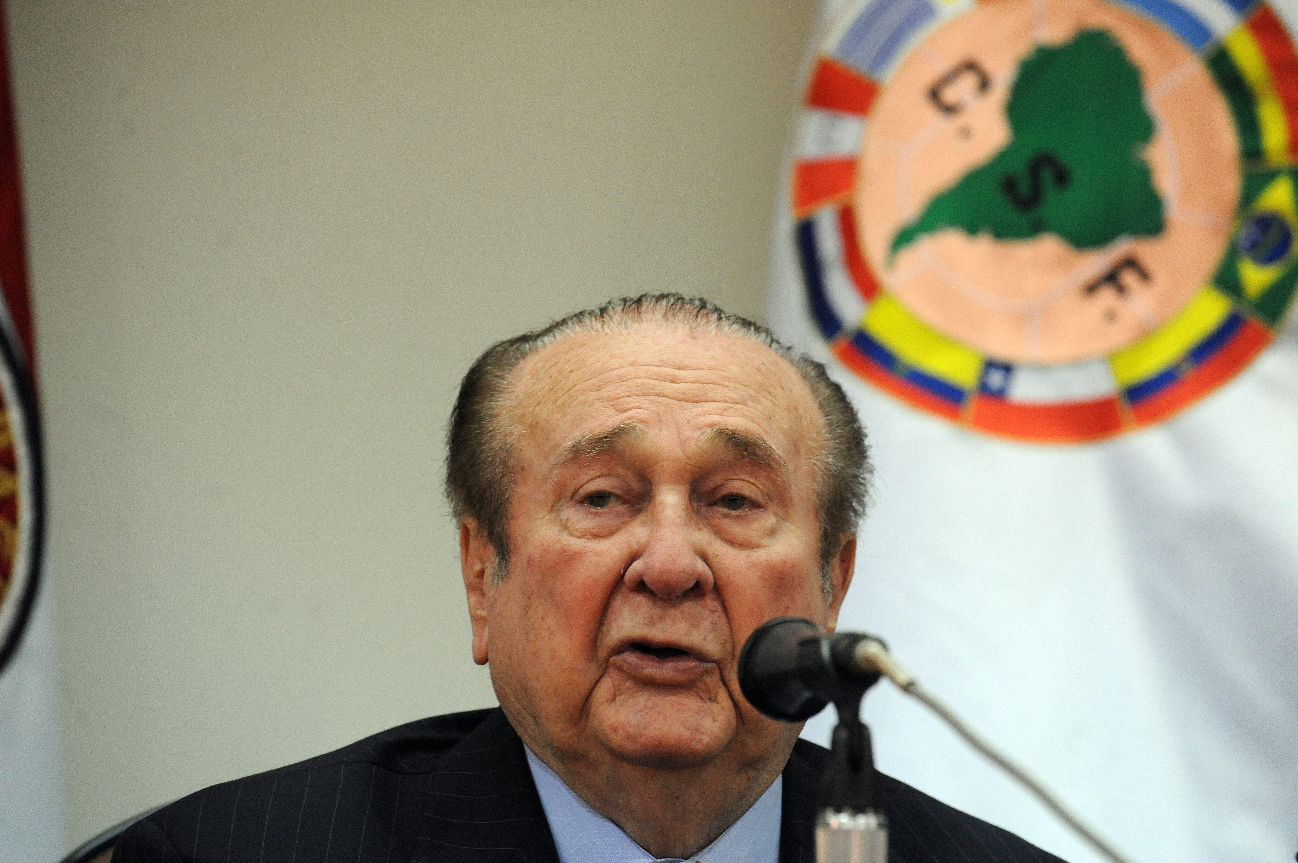 CONMEBOL president Nicolas Leoz speaks during a press conference in Luque, Paraguay, on April 23, 2013.
