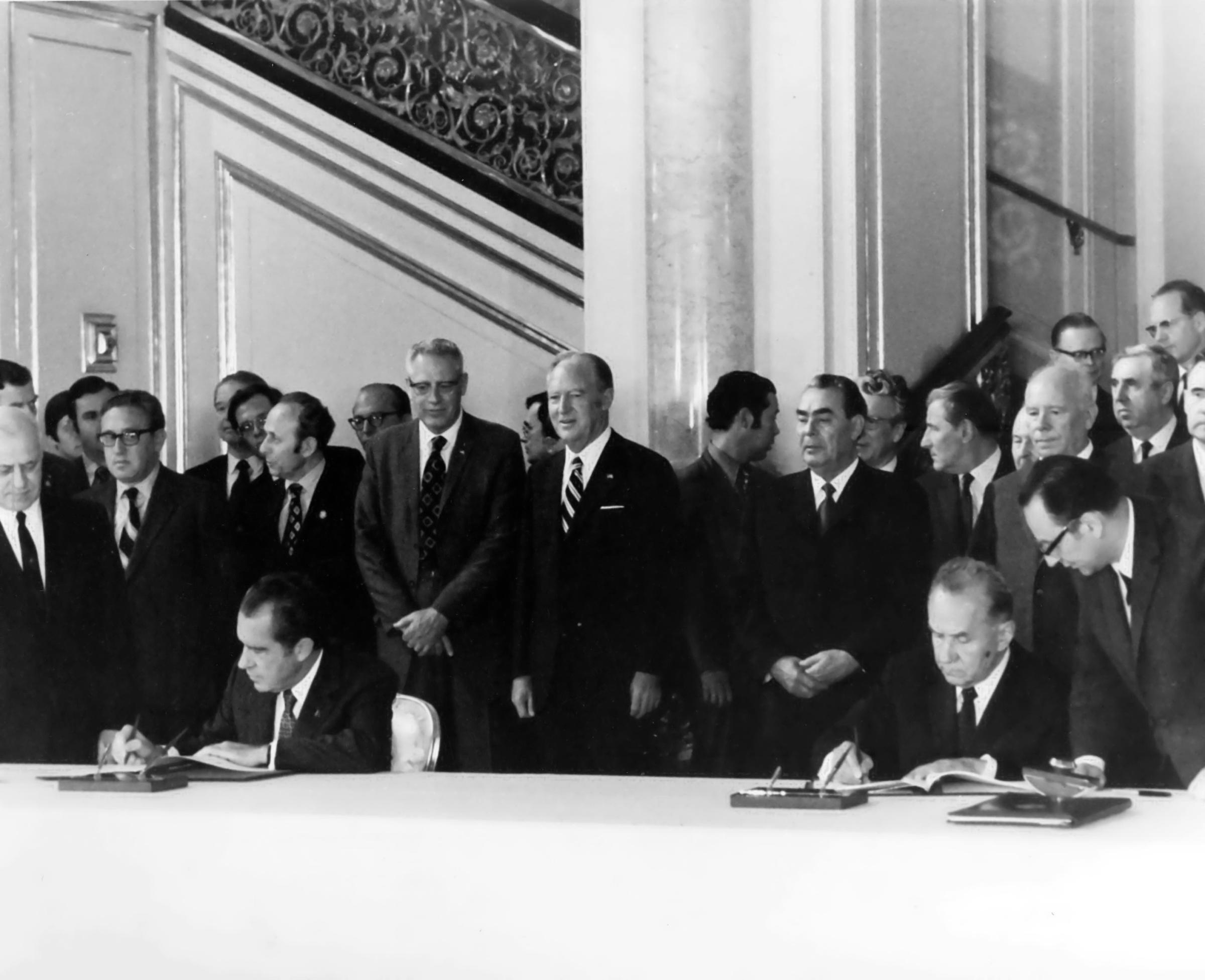 President Richard Nixon and Soviet Premier Alexei Kosygin sign an agreement in May of 1972 that paved the way for the Apollo–Soyuz mission.