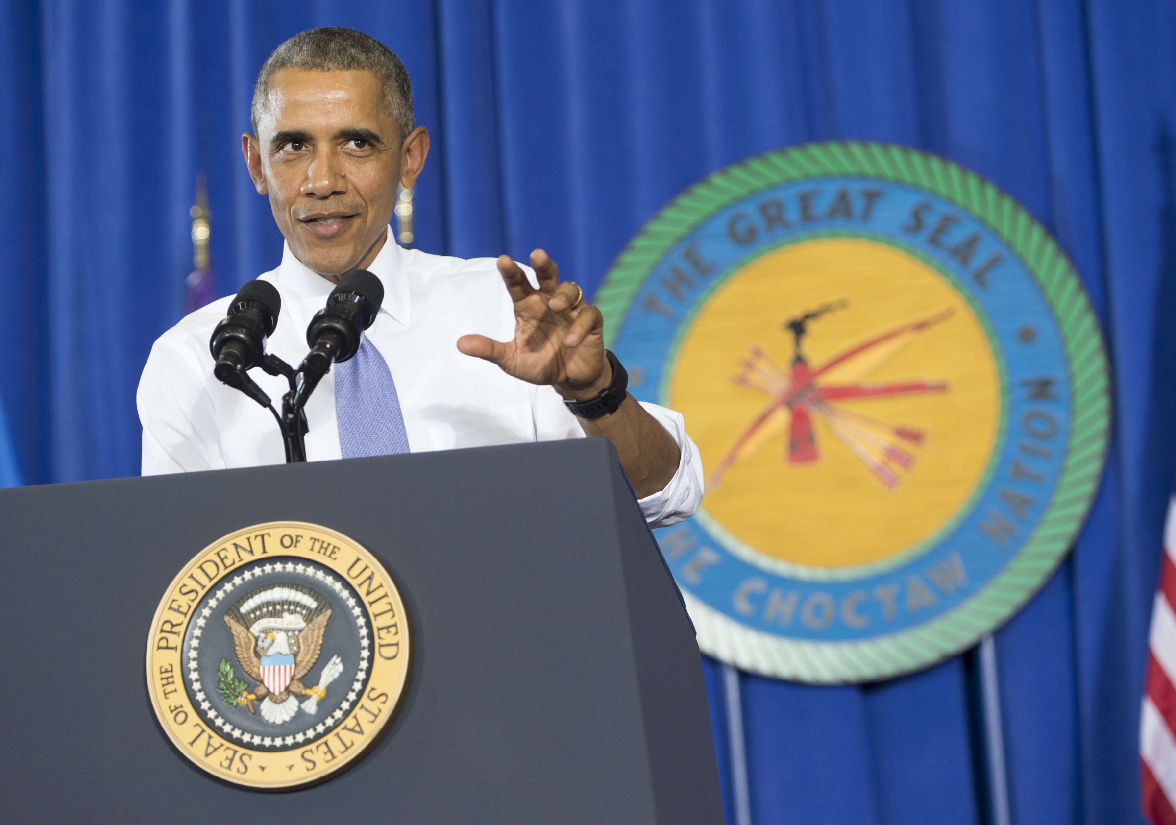 President Barack Obama speaks about economic opportunities at Durant High School in Durant, Oklahoma, in the Choctaw Nation on July 15, 2015.