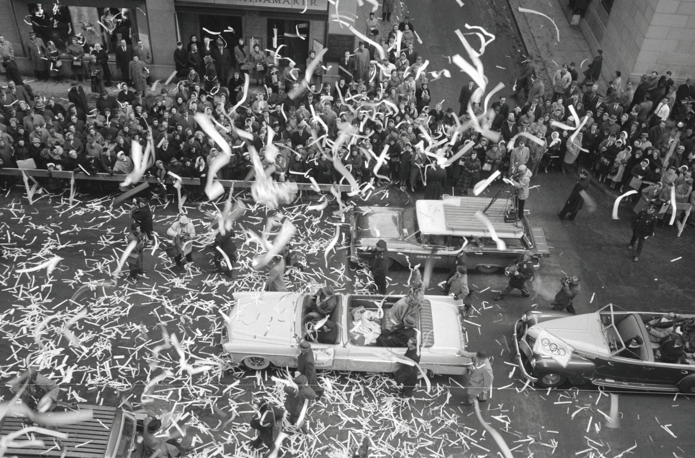 09 Mar 1960 --- Original caption: Ice Queen Honored By Blizzard. New York: Confetti showers down on Carol Heiss, 20 year old ice skating champion, as she rides up lower Broadway during a ticker tape parade given in her honor. Miss Heiss has won her fifth successive World Championship, her fourth successive National Title, and her first Olympics Gold Medal since leaving her home in Ozone Park, Queens, in January. Upon her arrival at City Hall she received another trophy, the Medallion of the City of New York, presented by Mayor Robert Wagner. --- Image by © Bettmann/CORBIS