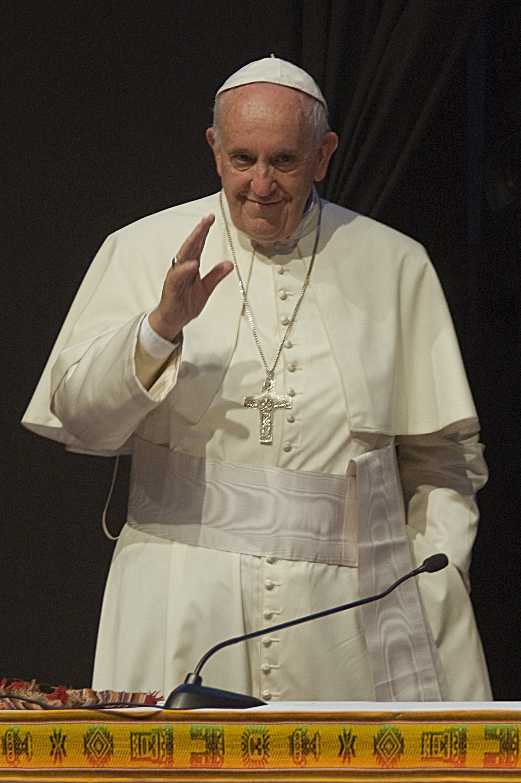 Pope Francis greets the attendees of a conference as part of the II Meeting of People's Movements in Santa Cruz, Bolivia, on on July 9, 2015. (Amanecer Tedesqui/CON—Getty Images)