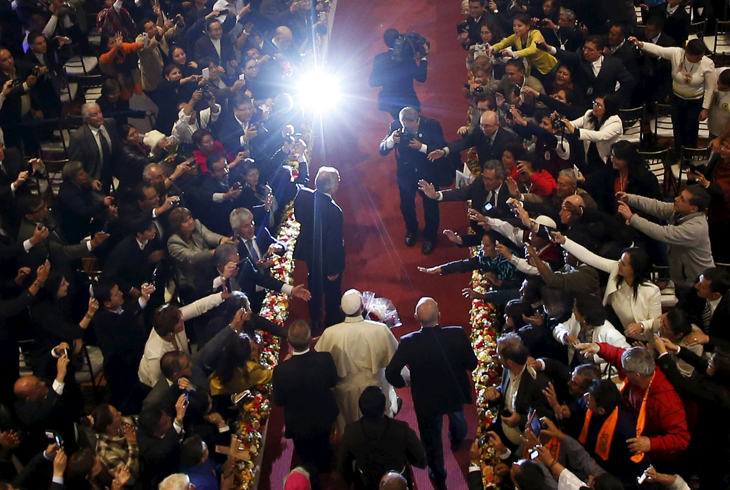 Pope Francis arrives to meet members of civil society at the San Francisco Church in Quito, Ecuador, on July 7, 2015.