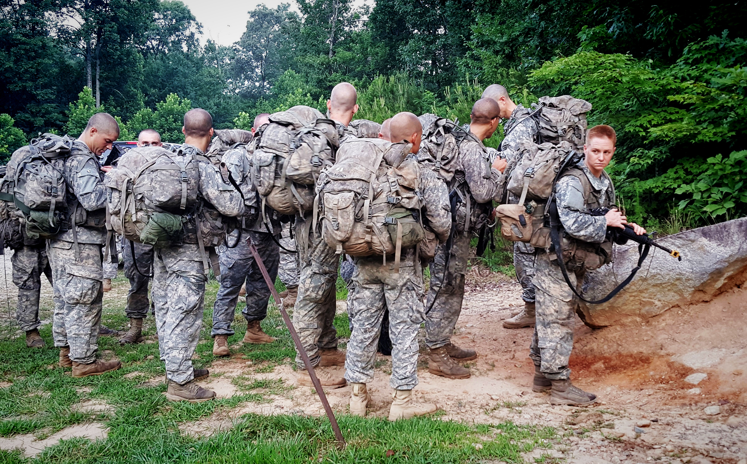 Ranger students, including one of the first women ever to take the Ranger School course, wait to ascend Mount Yonah in northern Georgias  on Tuesday, July 14, 2015 as part of the school's Mountain Phase. (Dan Lamothe—The Washington Post/Getty Images)