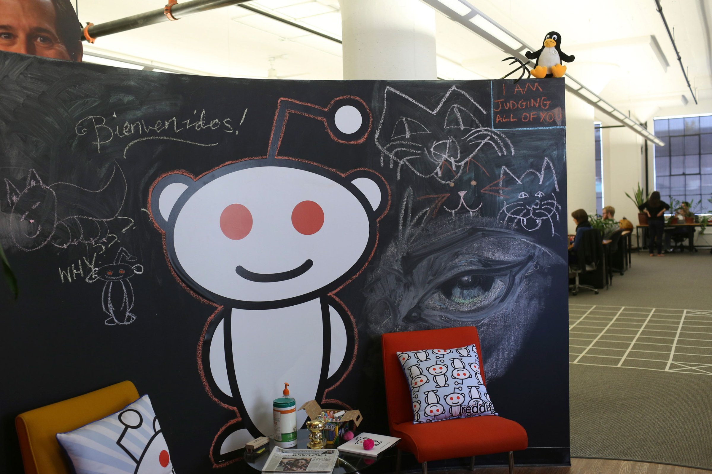 A Reddit mascot is shown at the company's headquarters in San Francisco, California April 15, 2014. Reddit, a website with a retro-'90s look and space-alien mascot that tracks everything from online news to celebrity Q&As, is going after more eyeballs, and advertising, by allowing members of its passionate community to post their own news more quickly and easily. REUTERS/Robert Galbraith (UNITED STATES - Tags: BUSINESS SCIENCE TECHNOLOGY) --- Image by © ROBERT GALBRAITH/Reuters/Corbis