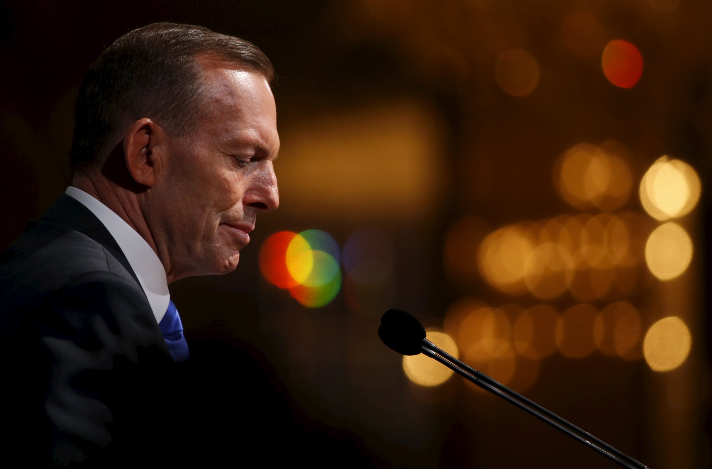 Australia's Prime Minister Tony Abbott delivers a lecture on "Our Common Challenges: Strengthening Security in the Region" in Singapore