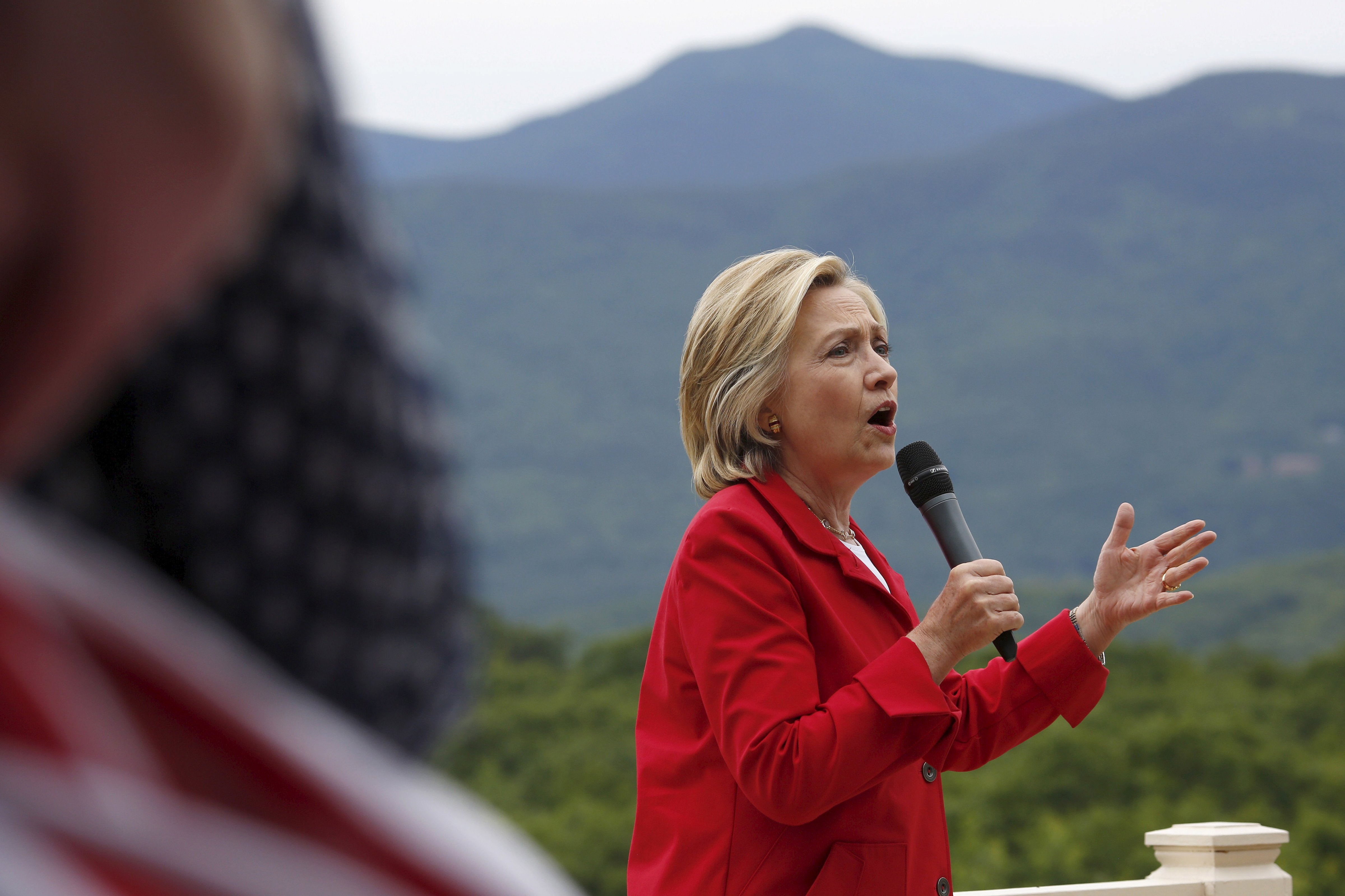 Former United States Secretary of State and Democratic candidate for president Hillary Clinton speaks to supporters during a campaign event in Glen