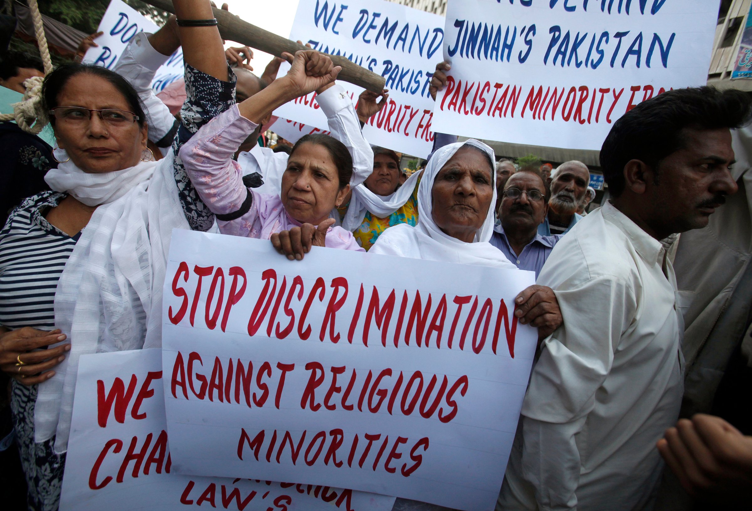 Protesters hold up placards while demanding the release of Asia Bibi, a Pakistani Christian sentenced to death for blasphemy in Karachi