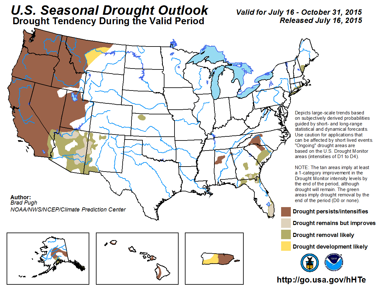 A small area in the Southeastern part of California, mapped in green, is likely to see drought end by October. (Courtesy of NOAA Climate Prediction Center)