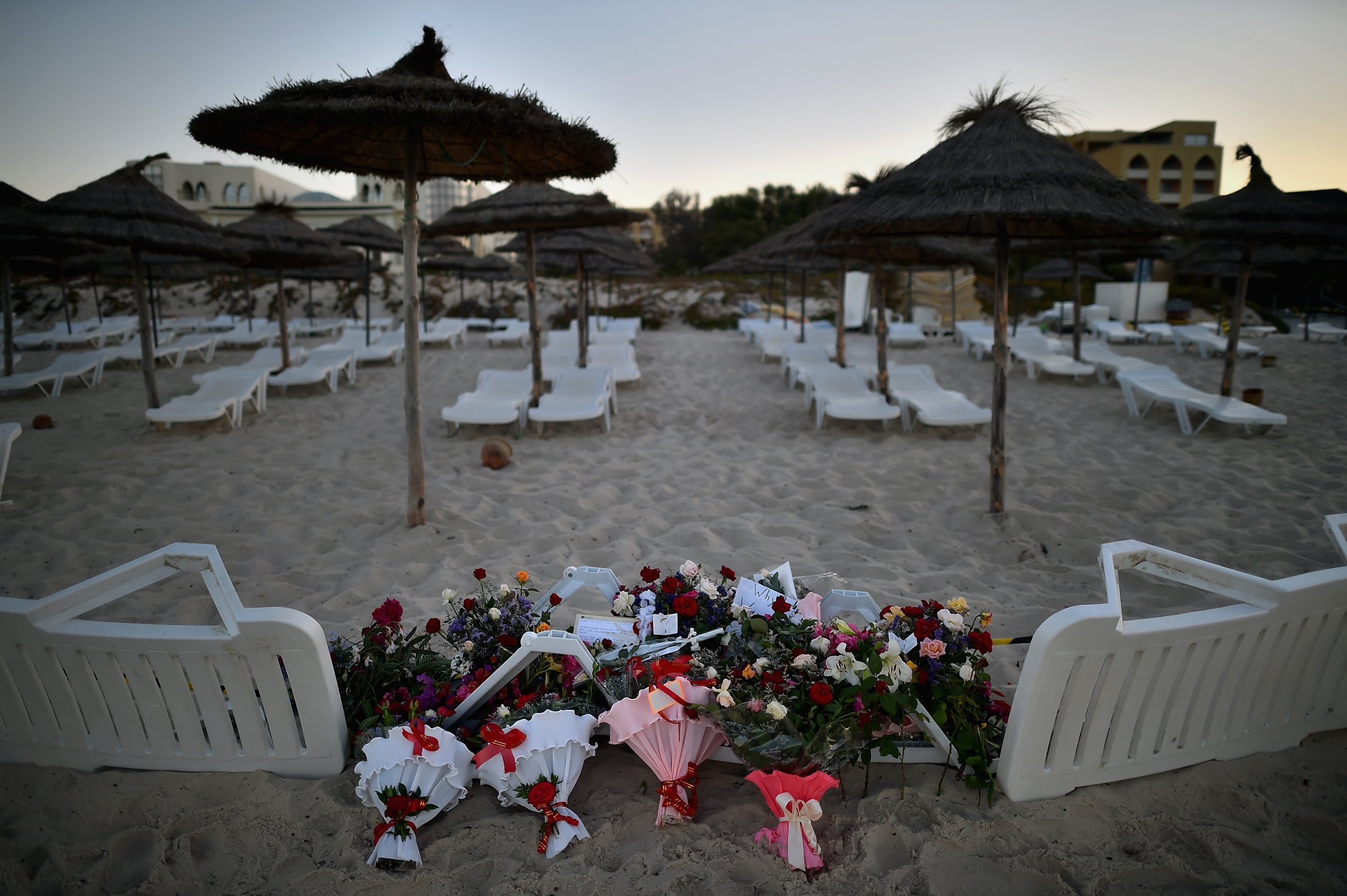 Flowers are placed at the beach next to the Imperial Marhaba Hotel where 38 people were killed yesterday in a terrorist attack on June 27, 2015 in Souuse, Tunisia.