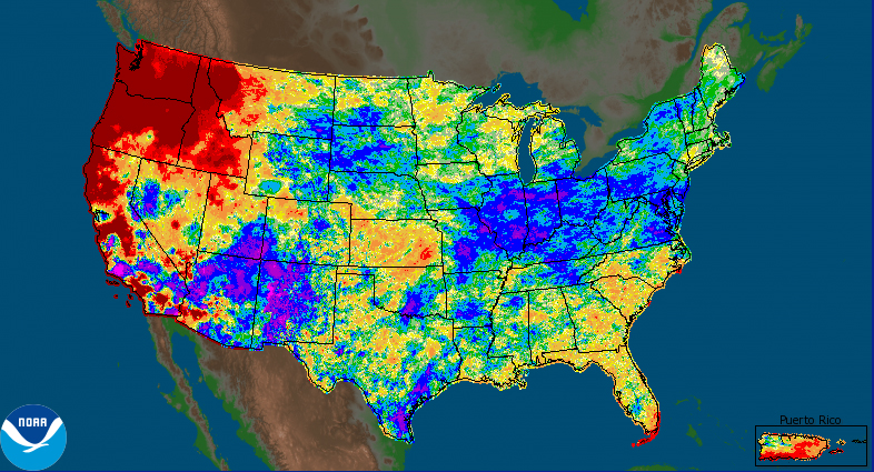 Areas in red experienced considerably less precipitation in the last 30 days than average. Blue and purple regions experienced up to six times the average. Red regions received a small fraction of the typical rainfall. (Courtesy of the National Weather Service)