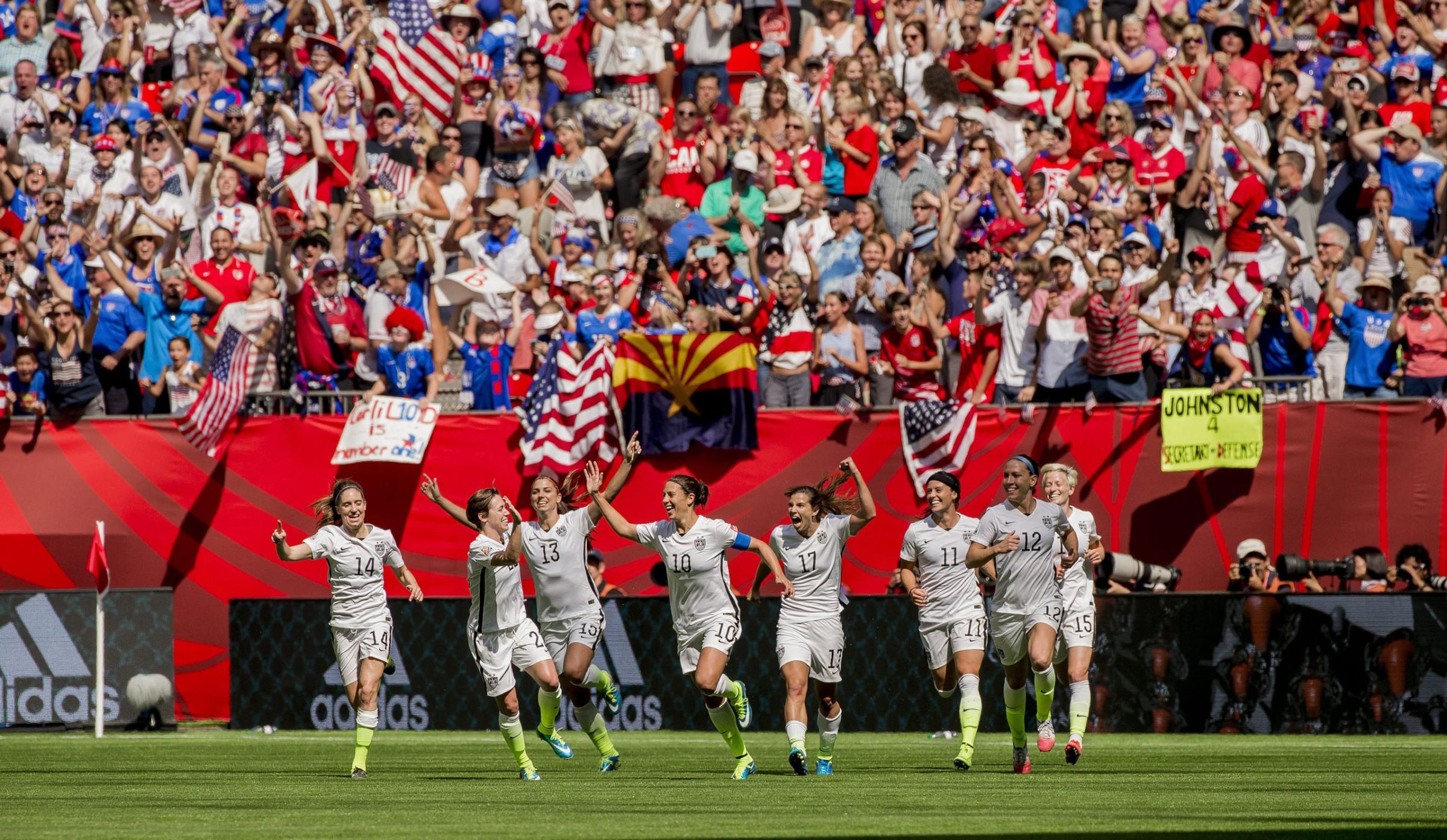 Carli Lloyd of the United States celebrates her second goal of the first half with teammates during the FIFA Women's World Cup 2015 Final match between USA and Japan in Vancouver, on 05 July 2015.