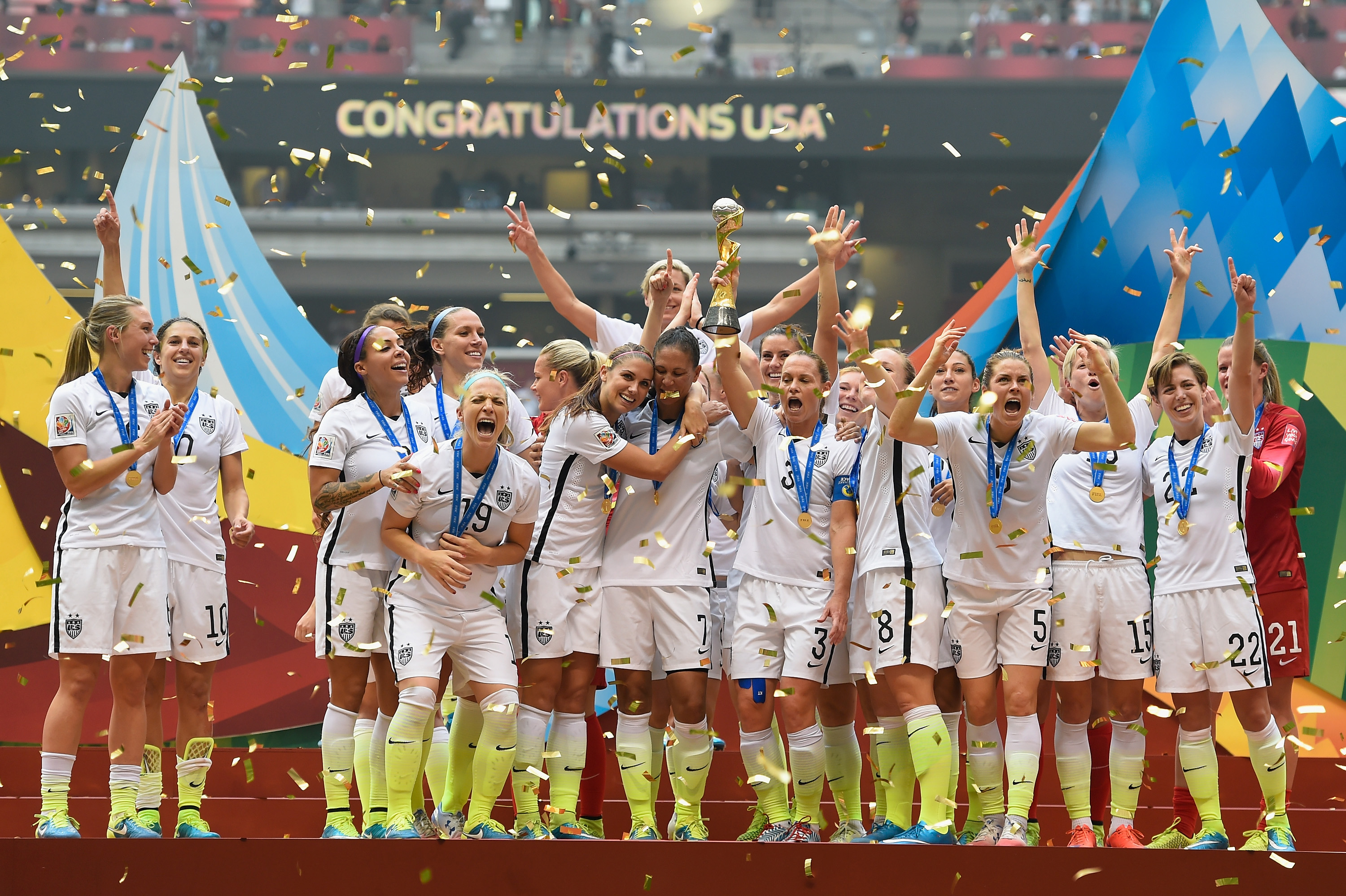 The USA team celebrates victory in the FIFA Women's World Cup 2015 Final between USA and Japan at BC Place Stadium on July 5, 2015 in Vancouver. (Mike Hewitt—FIFA/Getty Images)