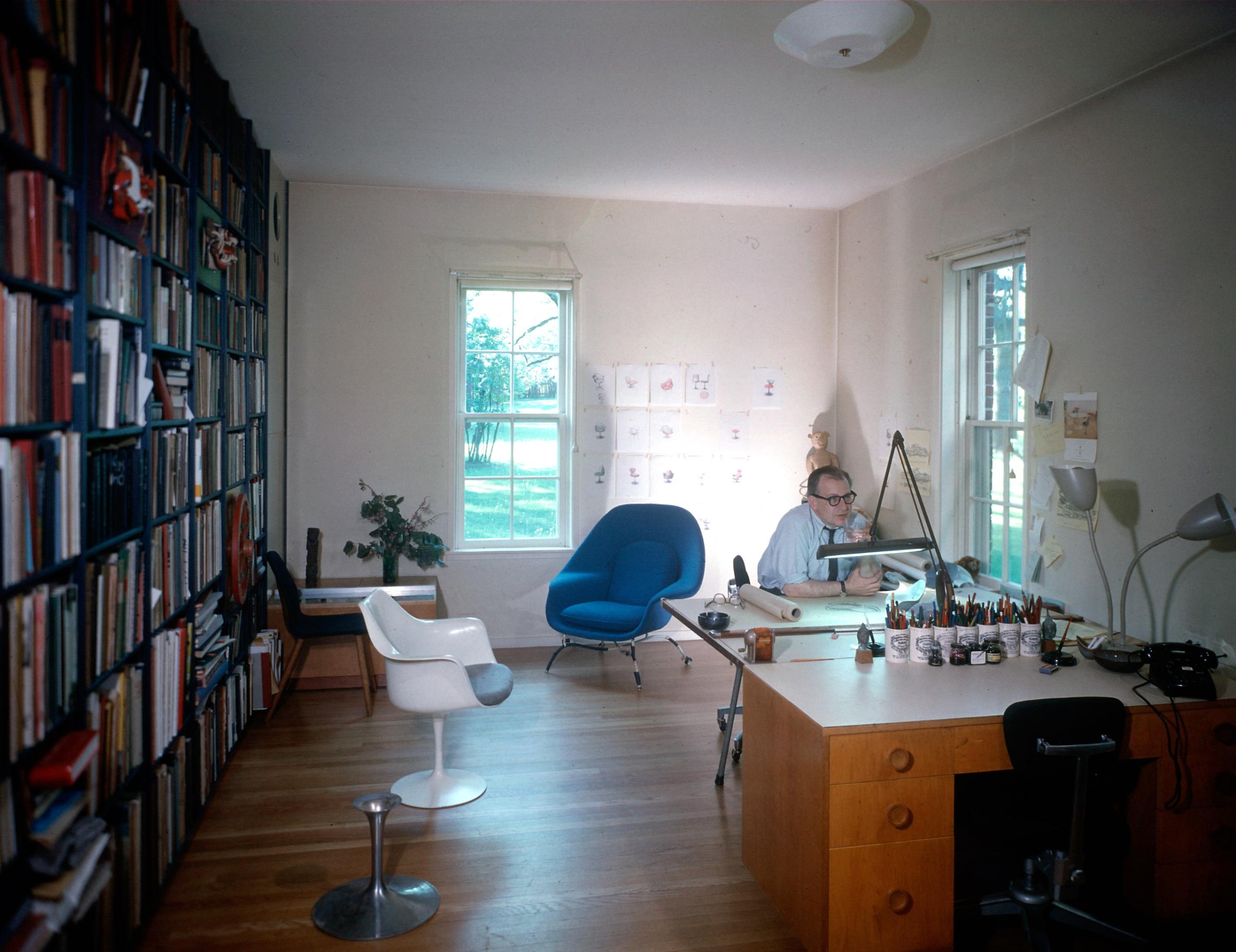 Architect Eero Saarinen at home in his study w. furniture designed by him, 1958.