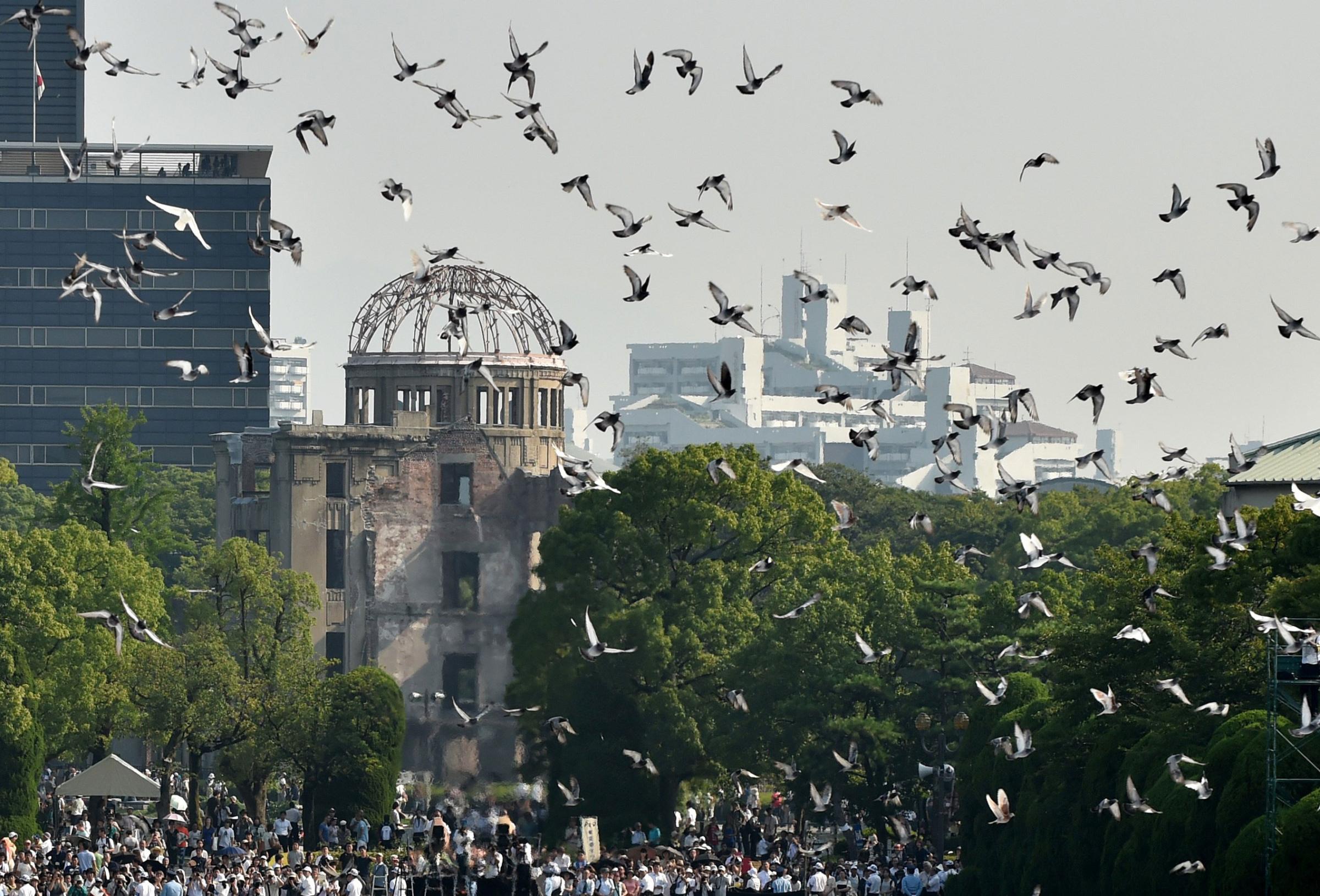 Doves fly over the Hiroshima Peace Memorial Park in western Japan on August 6, 2015 during a memorial ceremony to mark the 70th anniversary of the atomic bombing of Hiroshima.