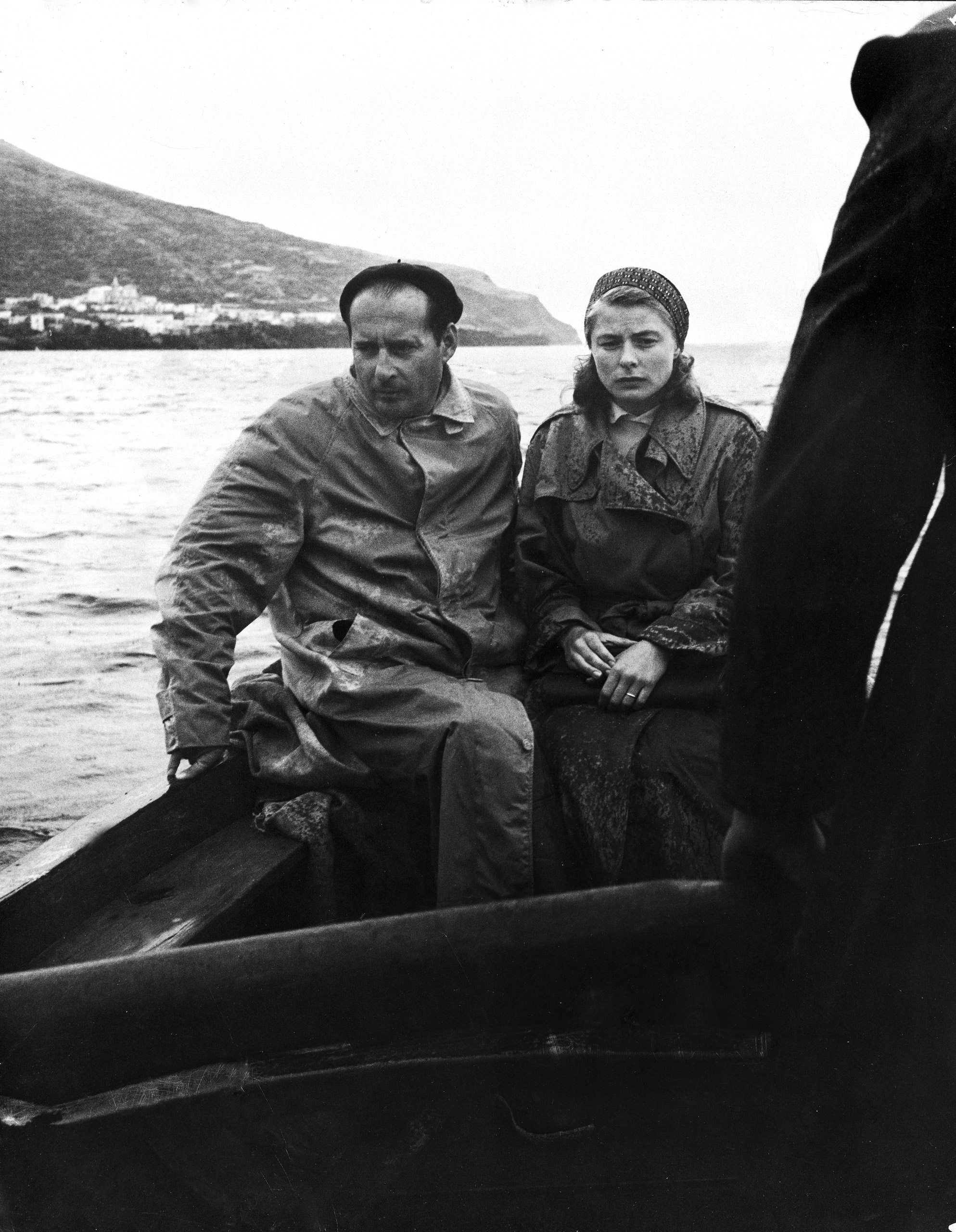 Ingrid Bergman with her lover, Roberto Rossellini, traveling in a boat from Stromboli Island to Messina to meet with her husband about getting a divorce.