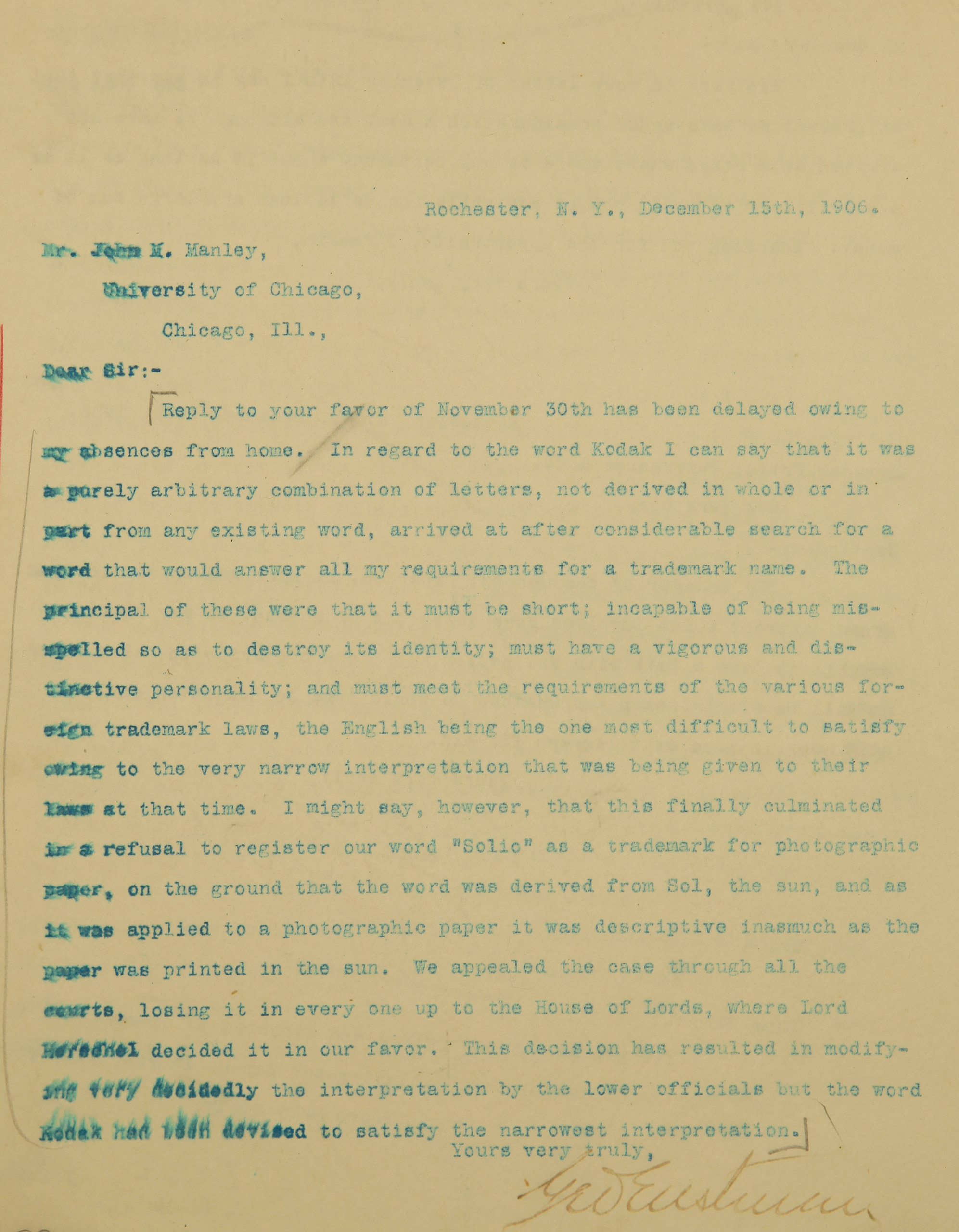 December 15, 1906— Letter from George Eastman to John M. Manley describing trade mark name Kodak.