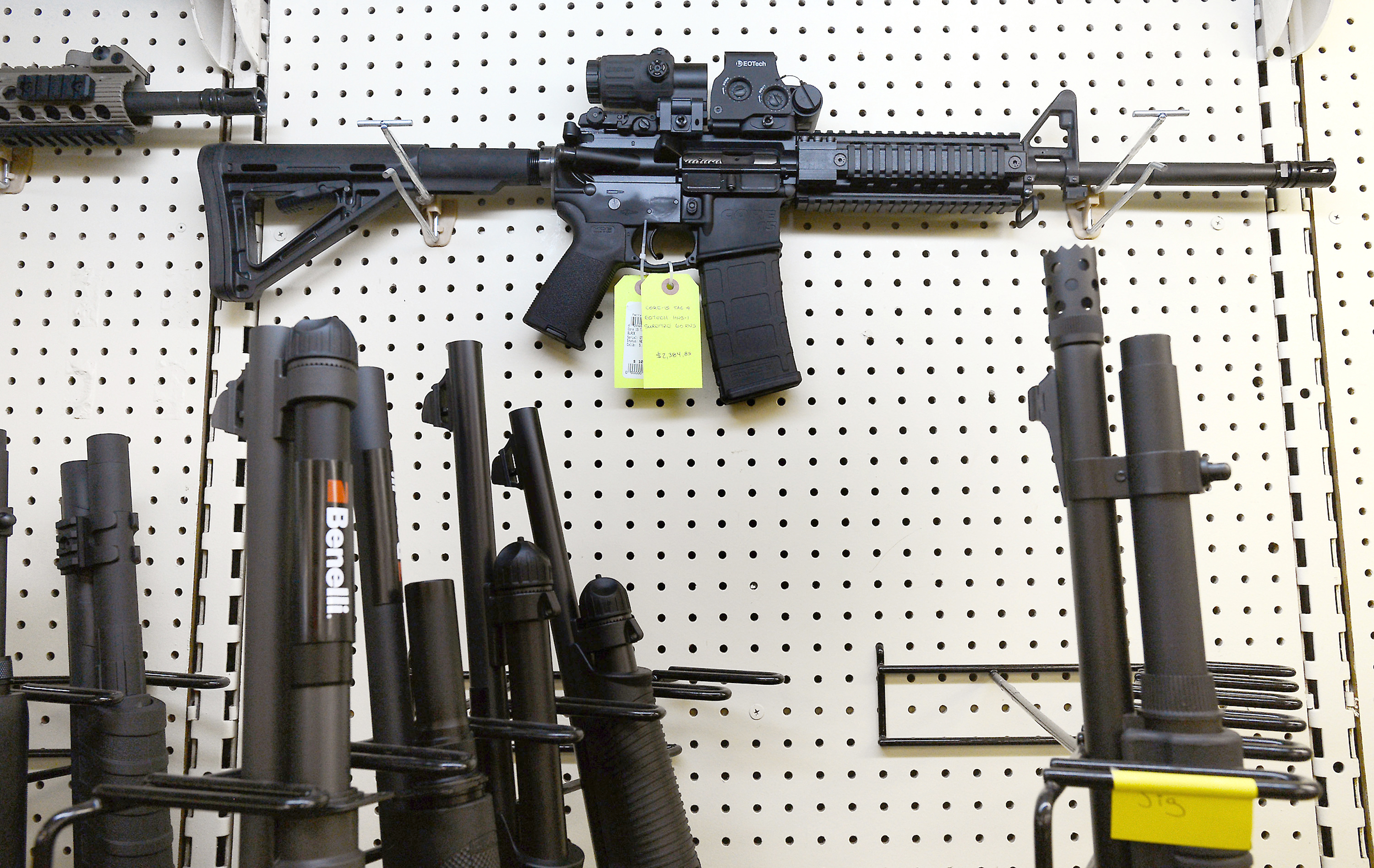 On display at Perry's Gun Shop in Wendell, N.C., an AR-15 assault rifle manufactured by Core15 Rifle Systems. (Chuck Liddy—Getty Images)
