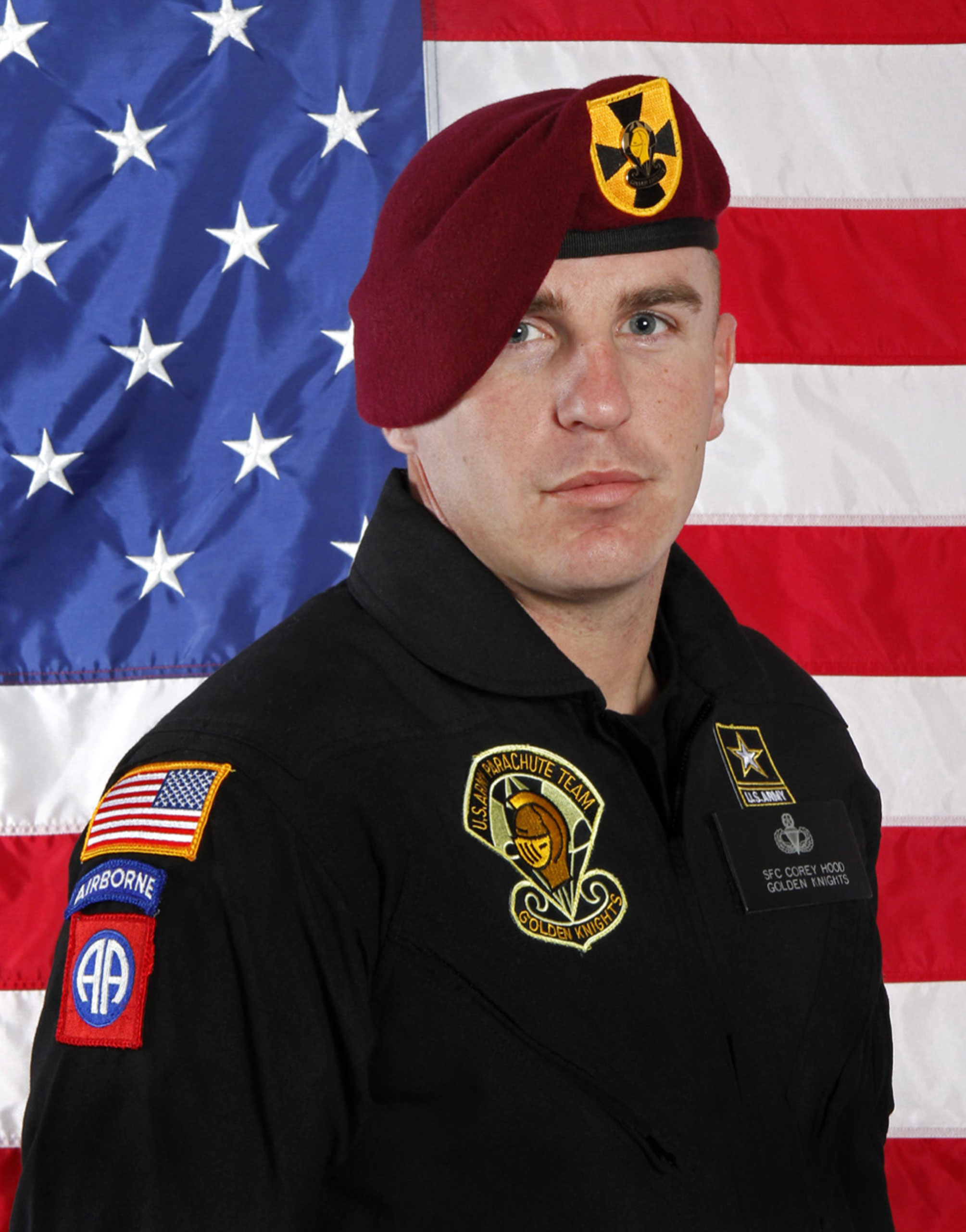 This undated photo provided by the U.S. Army shows Sgt. 1st Class Corey Hood. A parachutist the Army Golden Knights, Hood died Sunday after suffering severe injuries from an accident during a stunt on Saturday at the Chicago Air & Water Show, the Cook County medical examiner's office said. (U.S Army via AP)