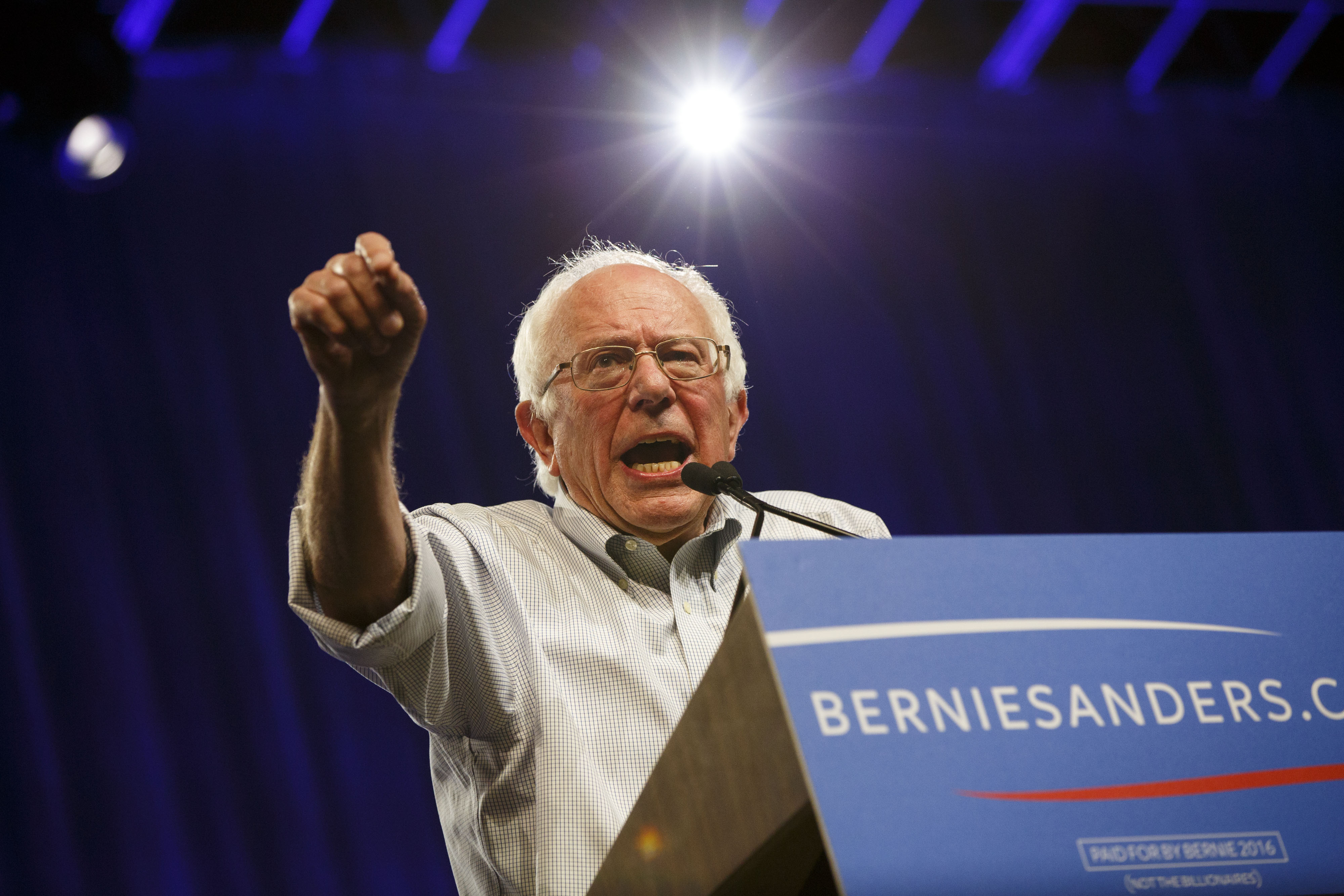 U.S. Senator Bernie Sanders gestures as he speaks during a campaign event at the LA Memorial Sports Arena in Los Angeles on Aug. 10, 2015.