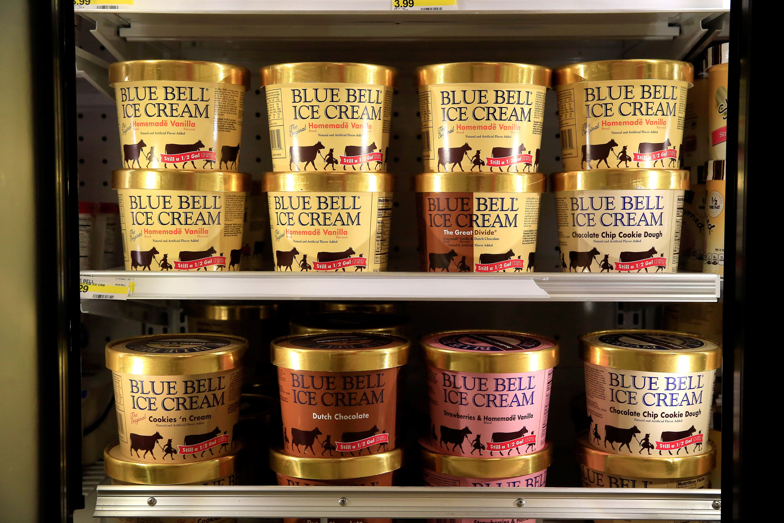 Blue Bell Ice Cream is seen on shelves of a grocery store prior to being removed on April 21, 2015 in Overland Park, Kansas. Blue Bell Creameries recalled all products following a Listeria contamination. (Photo by Jamie Squire/Getty Images)
