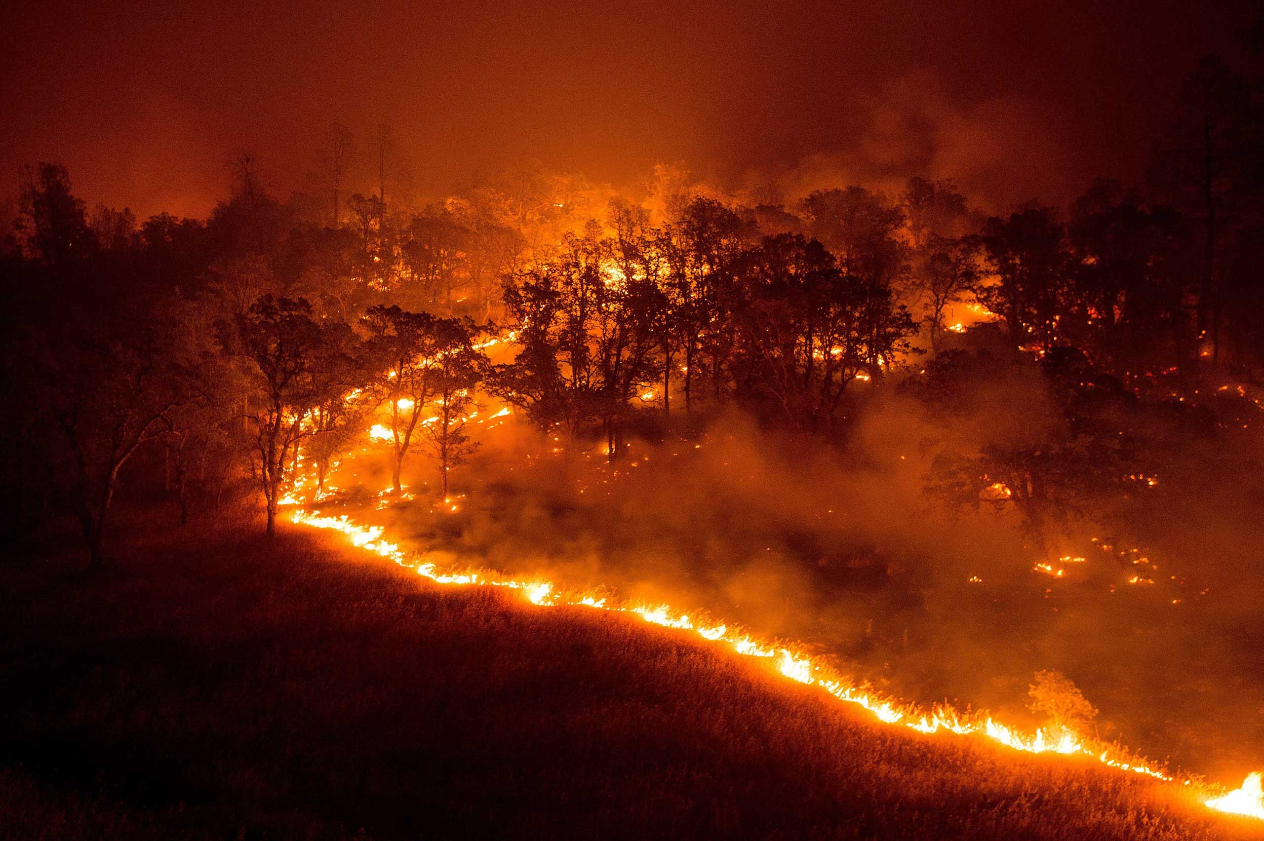 The Rocky fire spreads down a hillside near Clearlake, Calif. on Aug. 1, 2015.