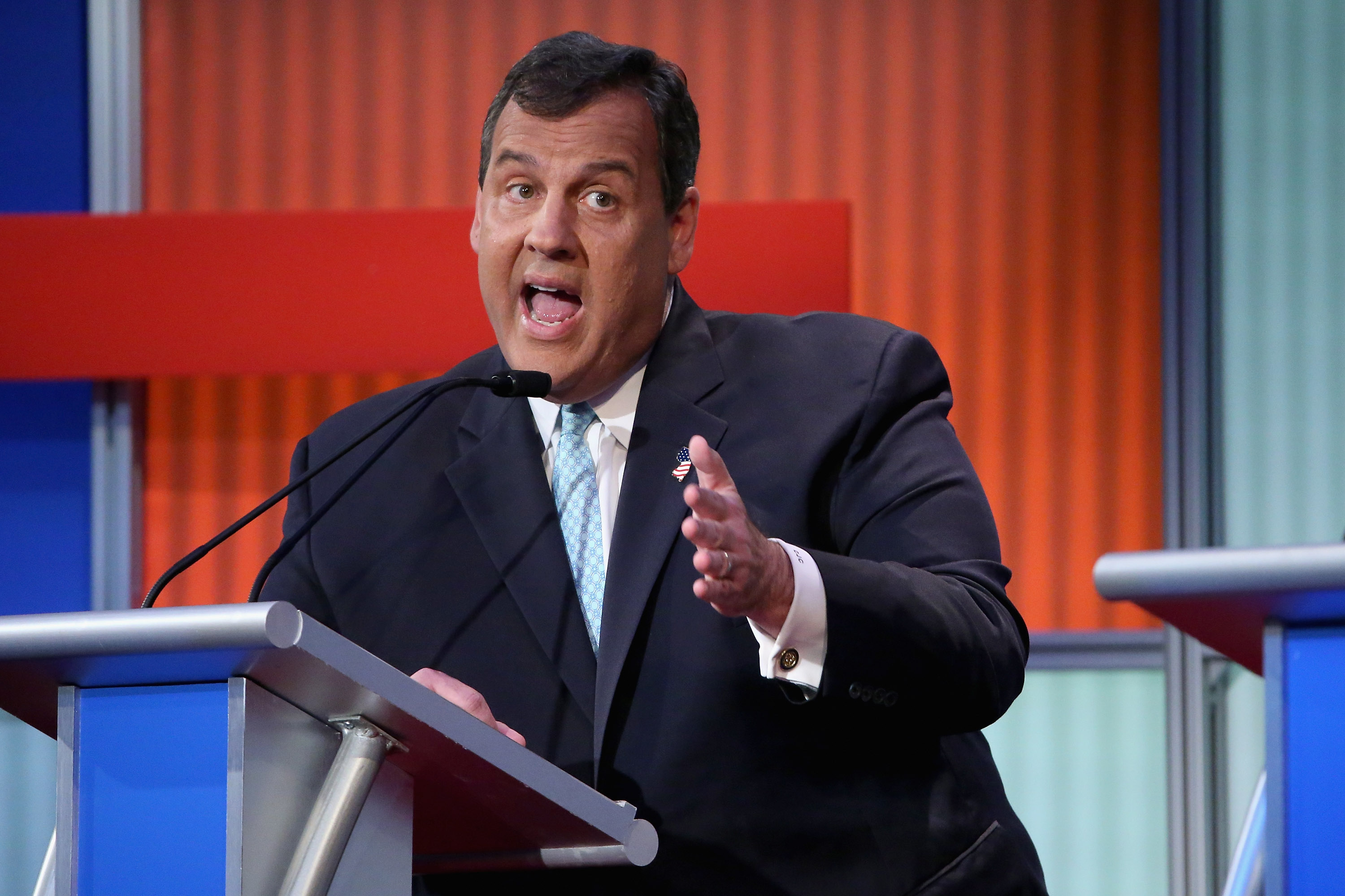 Republican presidential candidate New Jersey Gov. Chris Christie participates in the first prime-time presidential debate hosted by FOX News and Facebook at the Quicken Loans Arena August 6, 2015 in Cleveland, Ohio.