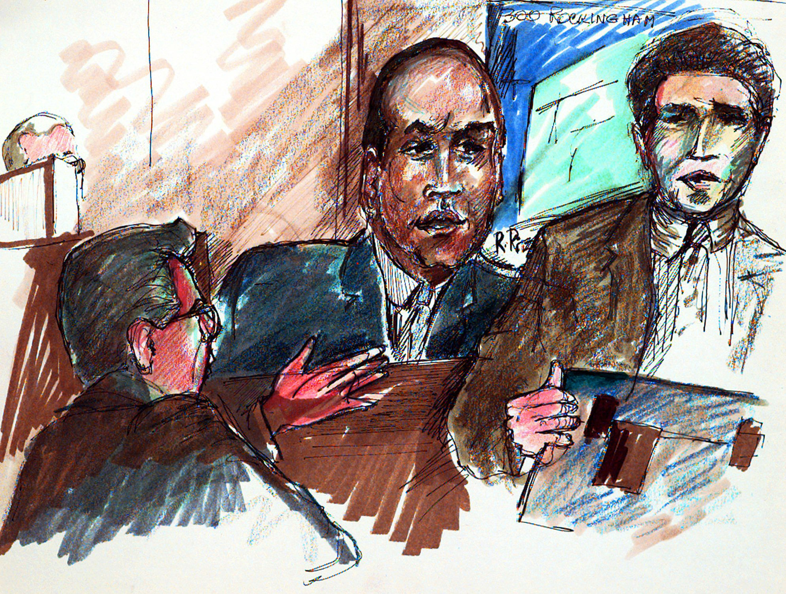 O.J. Simpson is questioned by plaintiff's attorney Daniel Petrocelli (right) about Simpson's missing bag as defense attorney Robert Baker objects in Los Angeles County Superior court in Santa Monica, Calif., on Nov. 25, 1996. Simpson was acquitted after a trial that lasted more than eight months.