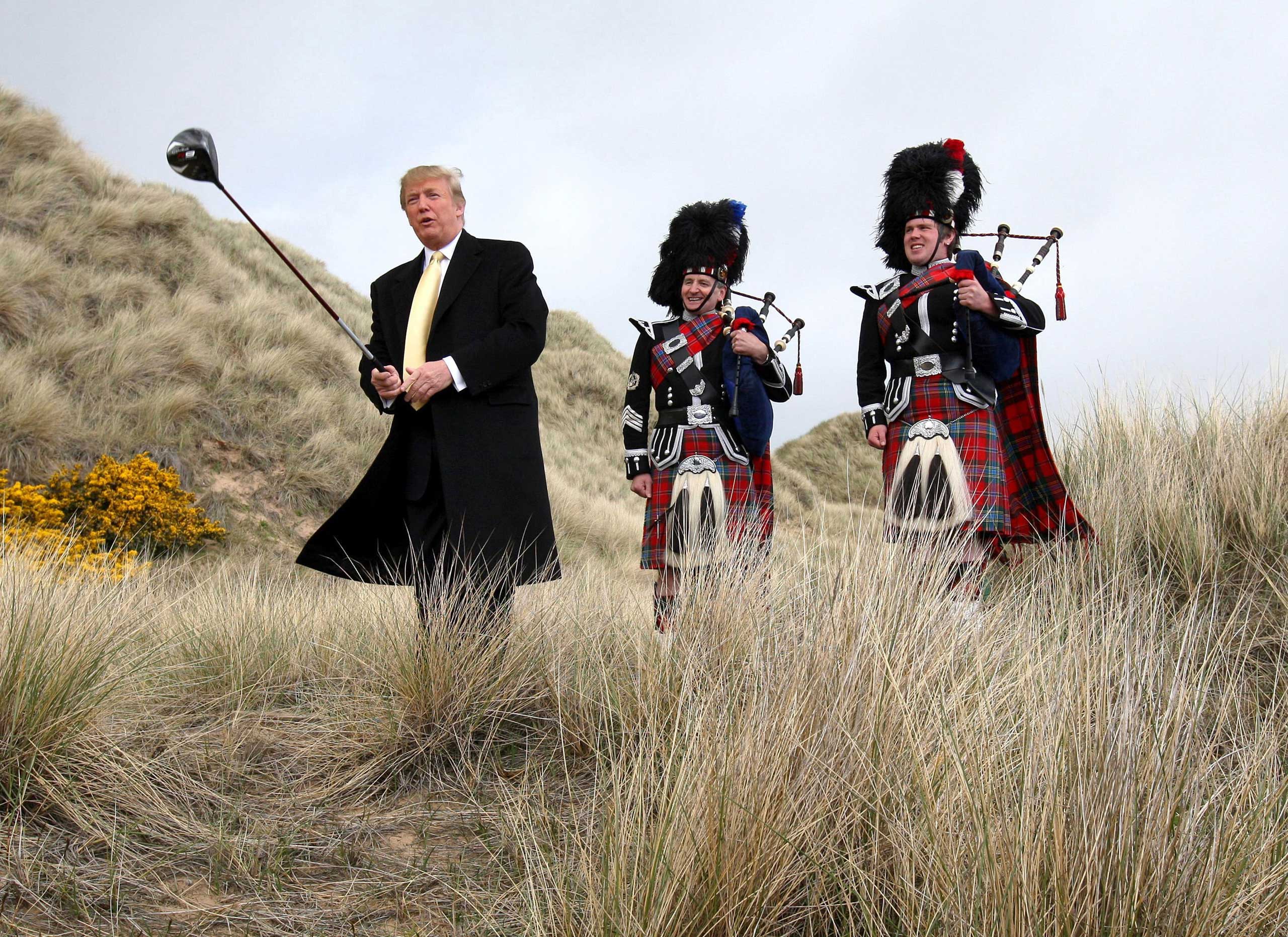 Donald Trump swinging a golf club on the Menie Estate in northeast Scotland in 2010. (Andrew Milligan—AP)