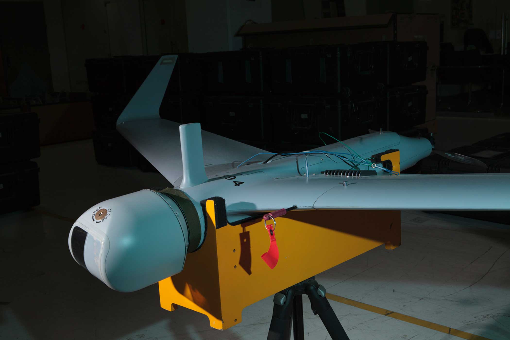 The Orbiter mini UAV inside the Aeronautics Defense Systems factory in Yavne, Israel. This highly autonomous UAV can locate and track moving targets while piloting itself along a patrol route. The Orbiter is flown by military forces in over 30 countries including Mexico, Ireland, and Poland.
