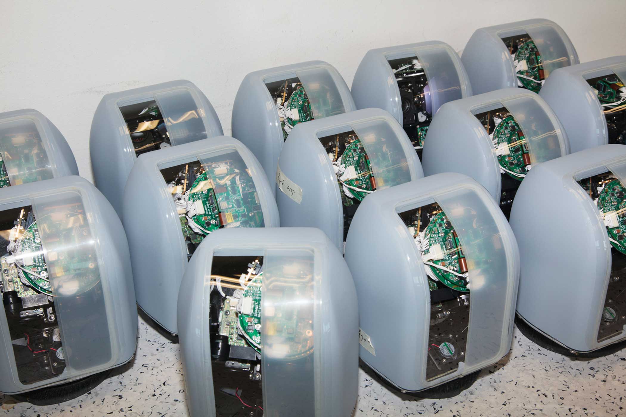 A group of Micro-STAMP imaging payloads, made by Controp at the company’s factory outside of Petah-Tikva, Israel. Each unit has a color video camera as well as an infrared thermal imaging camera that can see at night or through thick cloud cover and fog.