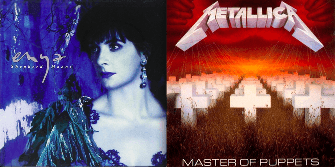 The album cover designers for Enya’s <i>Shepherd Moons</i> and Metallica’s <i>Master of Puppets</i> may have subconsciously chosen colors that matched the emotional qualities of the respective artists' music. (WEA/Reprise/Elektra)