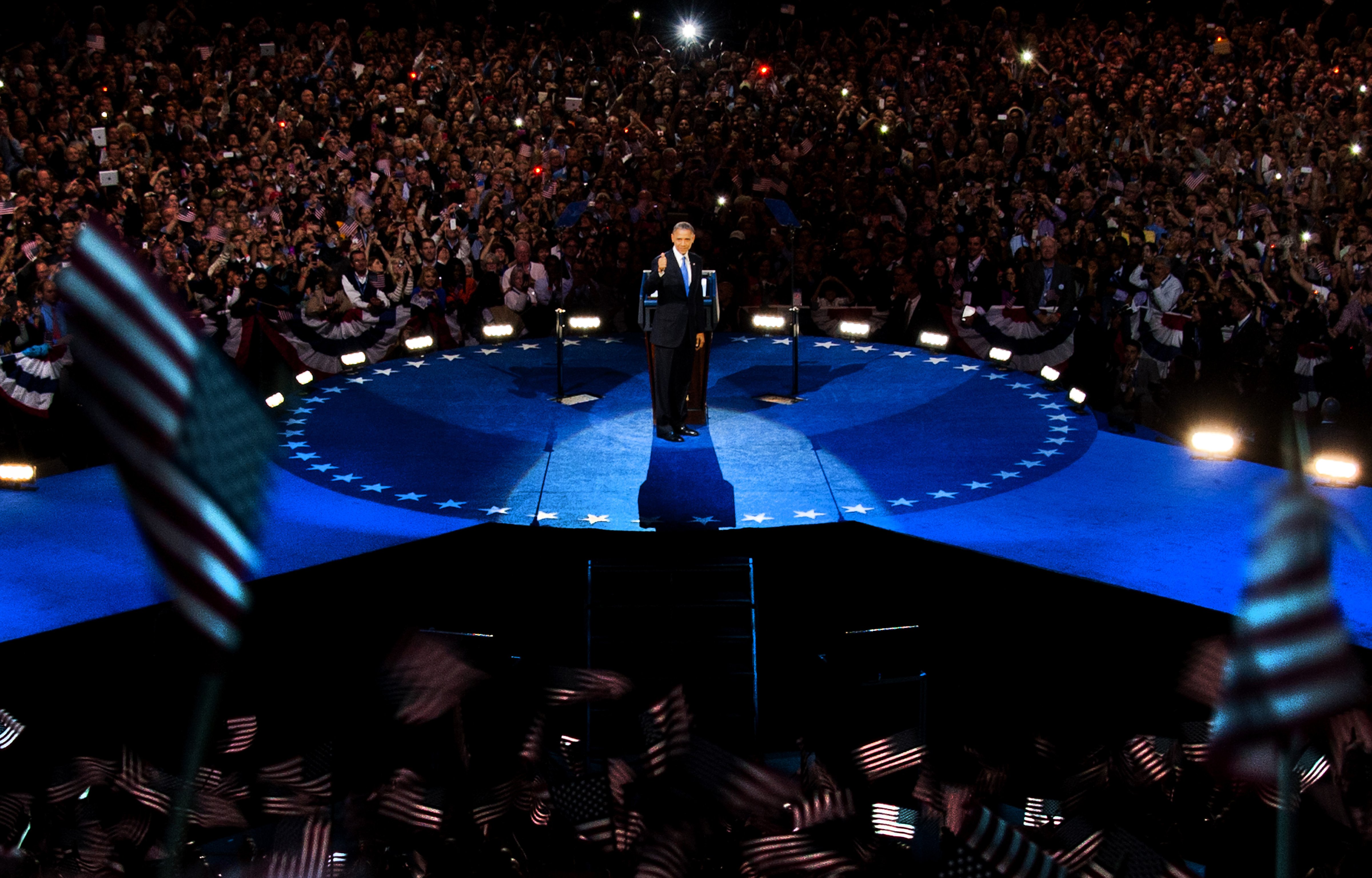 US President Barack Obama celebrates re-election on stage in Chicago on Nov. 7, 2012. (Jim Watson—AFP/Getty Images)