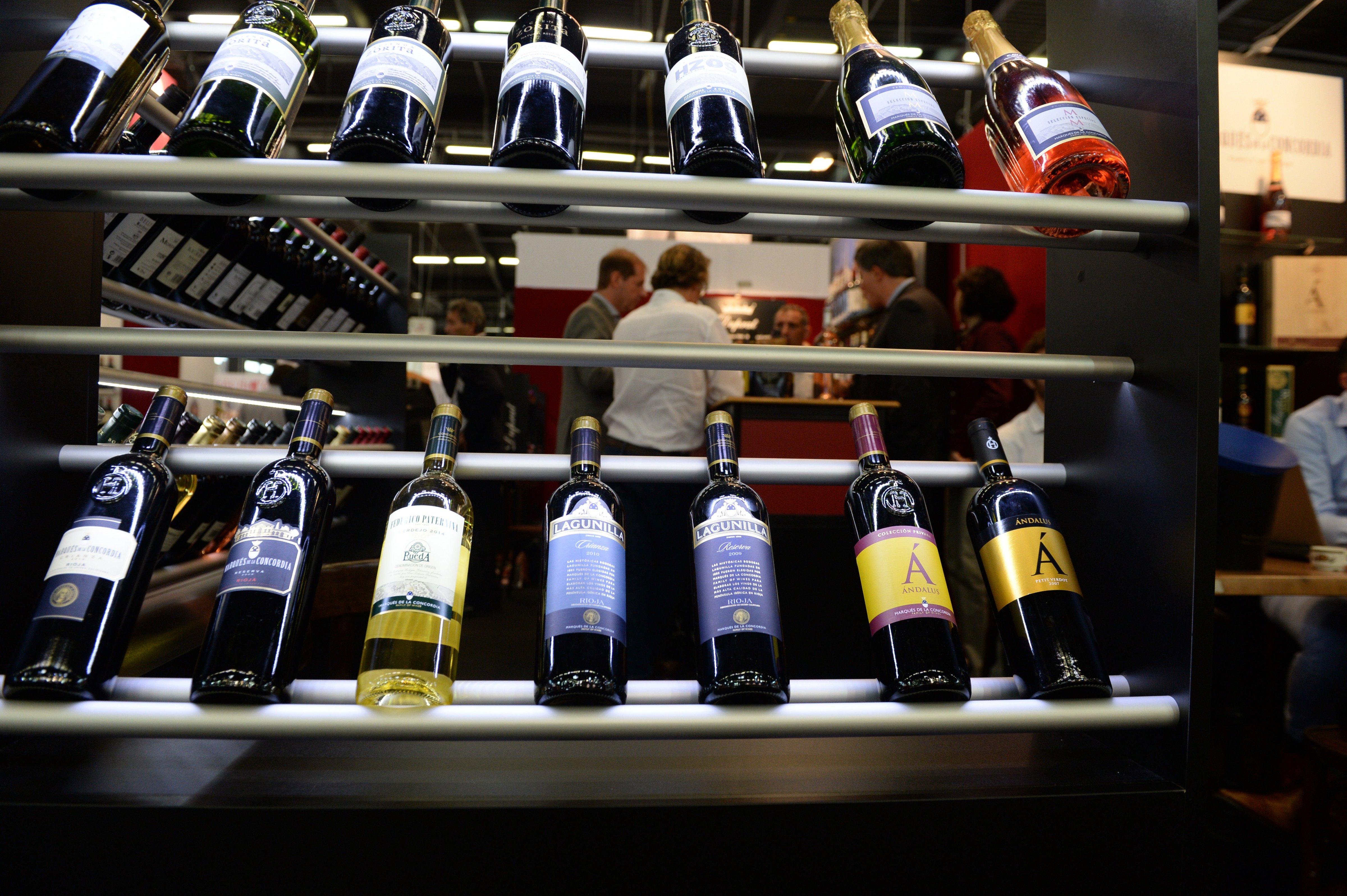 Bottles are pictured at a stand of the Vinexpo wine fest in Bordeaux, on June 15, 2015. (Jean-Pierre Muller—AFP/Getty Images)