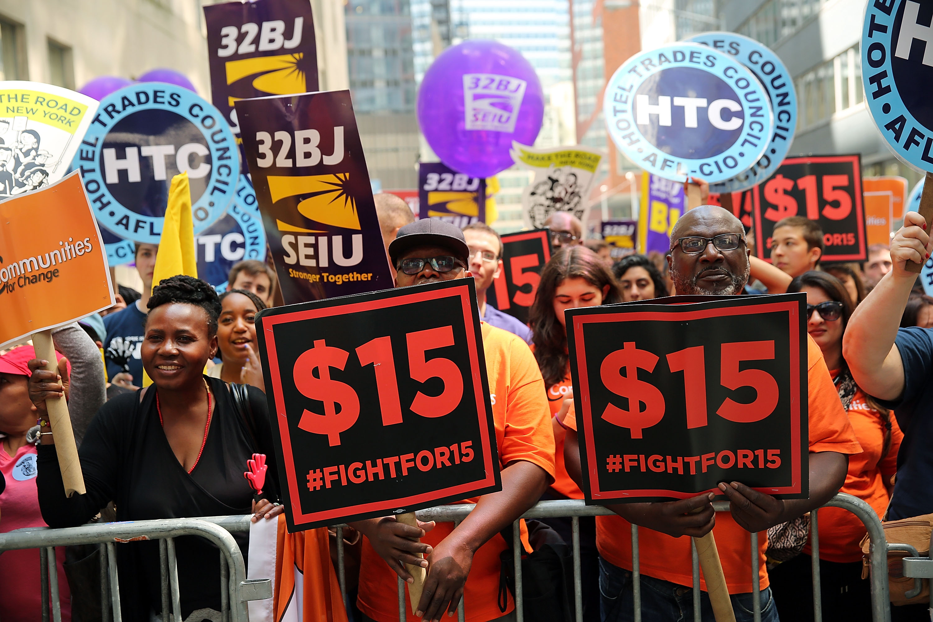 Labor leaders, workers and activists attend  a rally for a $15 minimum hourly wage on July 22, 2015 in New York City. (Spencer Platt—Getty Images)