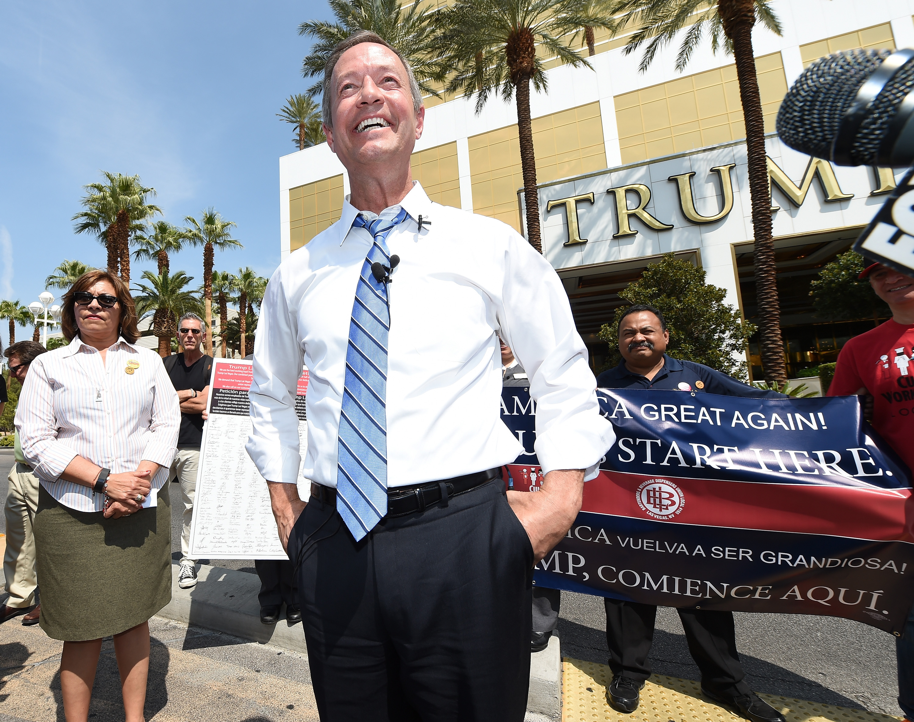 Democratic presidential candidate Martin O'Malley speaks while standing in a median in front of the Trump International Hotel &amp; Tower Las Vegas on August 19, 2015 in Las Vegas, Nevada. (Ethan Miller&mdash;Getty Images)