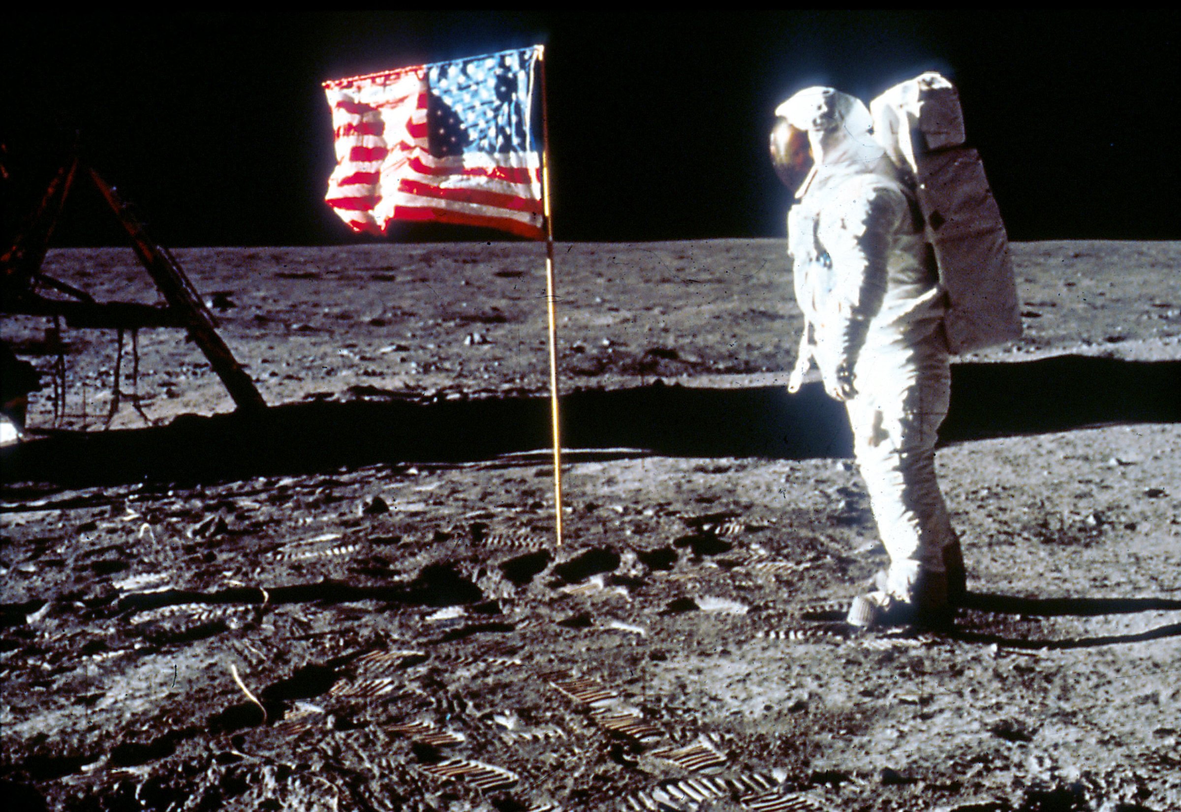 Buzz Aldrin Poses next To The U.S. flag On Moon