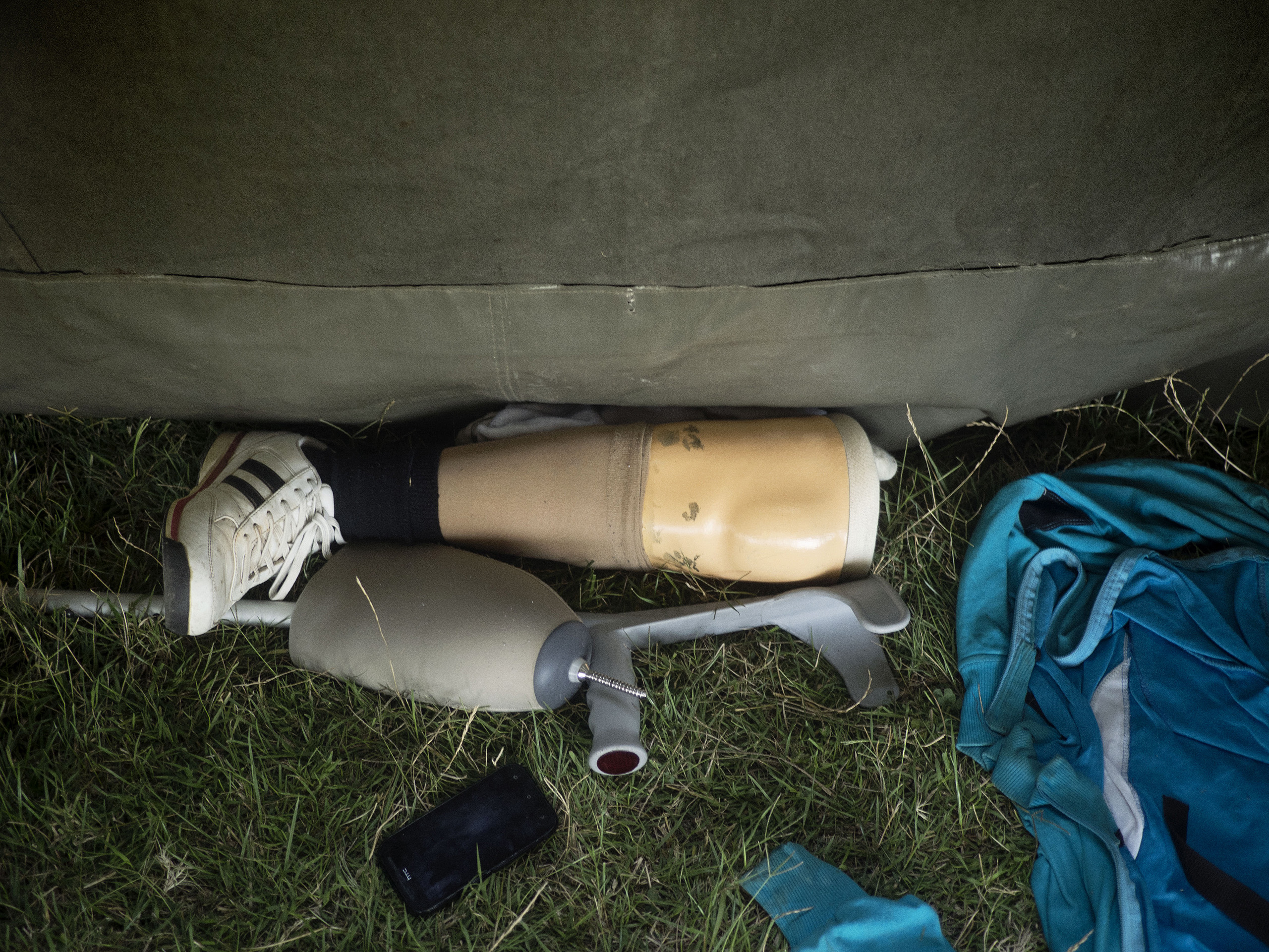 Vasariste, Serbia. August 12, 2015. A prosthetic leg in a refugee camp near the Serbian-Hungarian border.