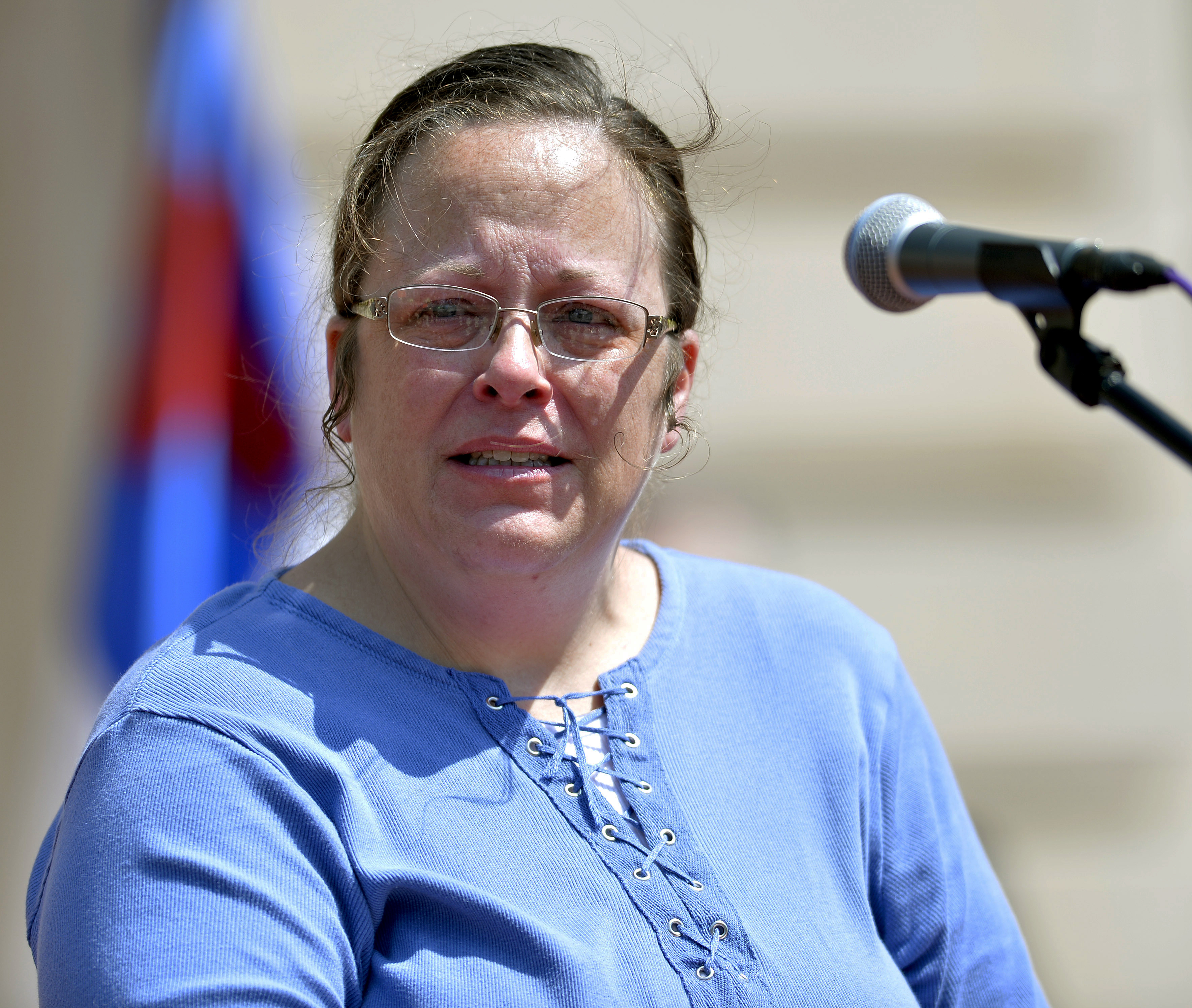 Rowan County Kentucky Clerk Kim Davis speaks to a gathering of supporters during a rally on the steps of the Kentucky State Capitol in Frankfort, Ky. on Aug. 22, 2015. (Timothy D. Easley—AP)