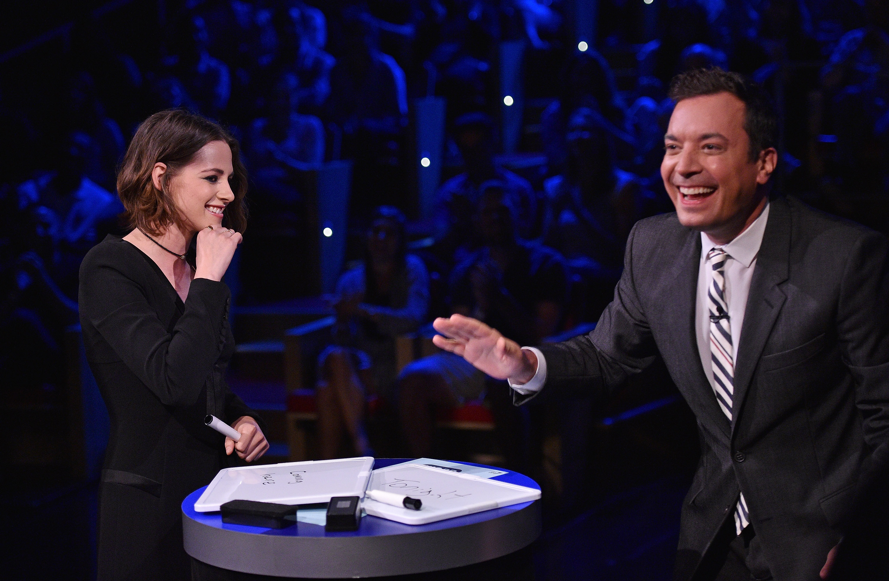 Actress Kristen Stewart and Jimmy Fallon play a game on "The Tonight Show Starring Jimmy Fallon"  in New York City in August 11, 2015 (Mike Coppola—NBC)