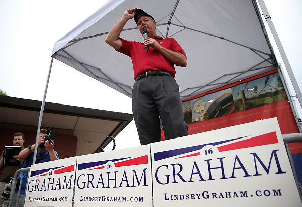 Republican presidential candidate and U.S. Sen. Lindsey Graham (R-SC) speaks to fairgoers during the Iowa State Fair on August 17, 2015 in Des Moines, Iowa. (Justin Sullivan—Getty Images)