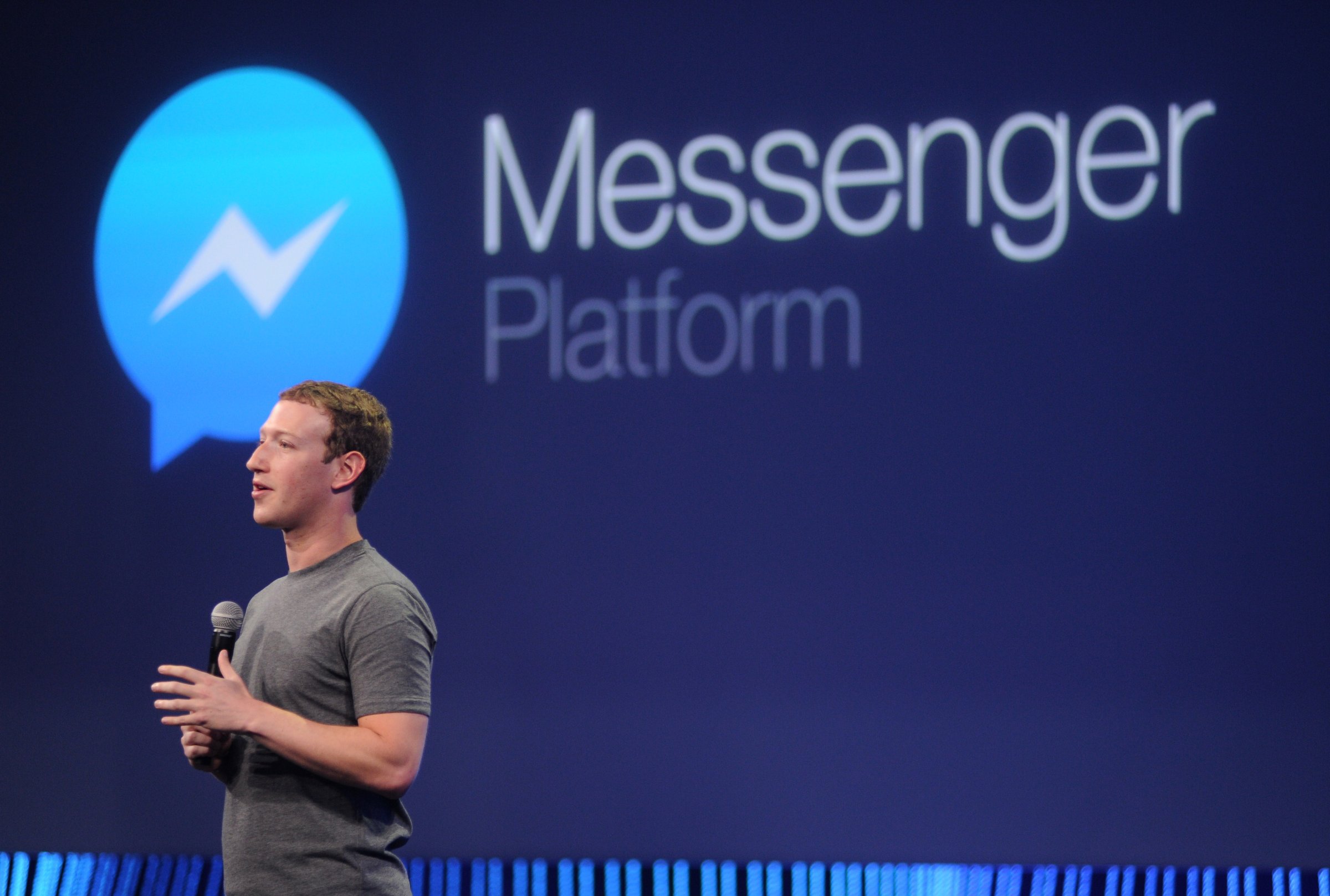 Facebook CEO Mark Zuckerberg introduces a new messenger platform at the F8 summit in San Francisco on March 25, 2015.
