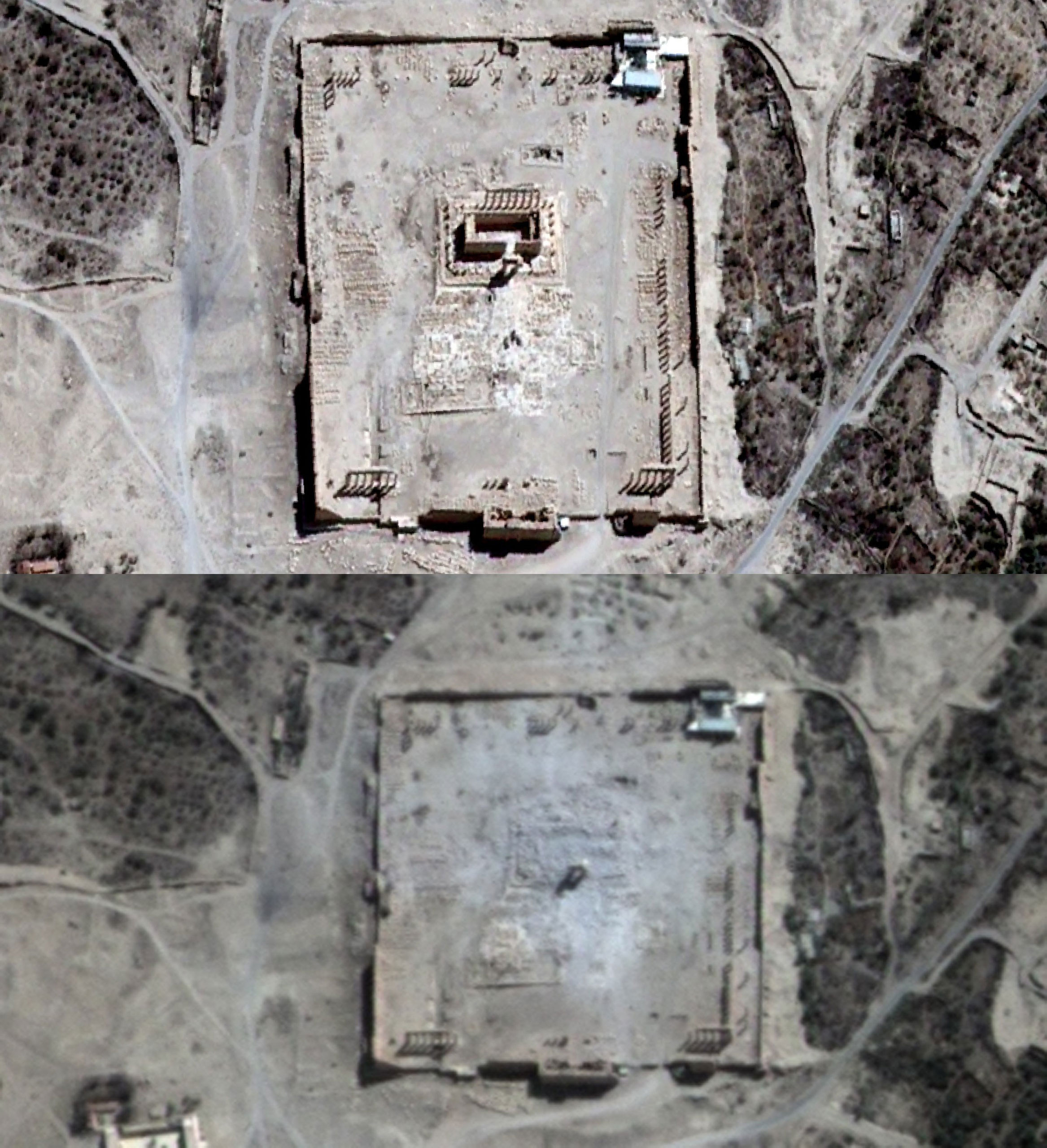 <b>Top:</b> A satellite image of the Temple of Bel seen in Syria's ancient city of Palmyra on Aug. 27, 2015; <b>Bottom:</b> A satellite image showing rubble at the temple's location on Aug. 31, 2015. (UNITAR-UNOSAT/AFP/Getty Images)