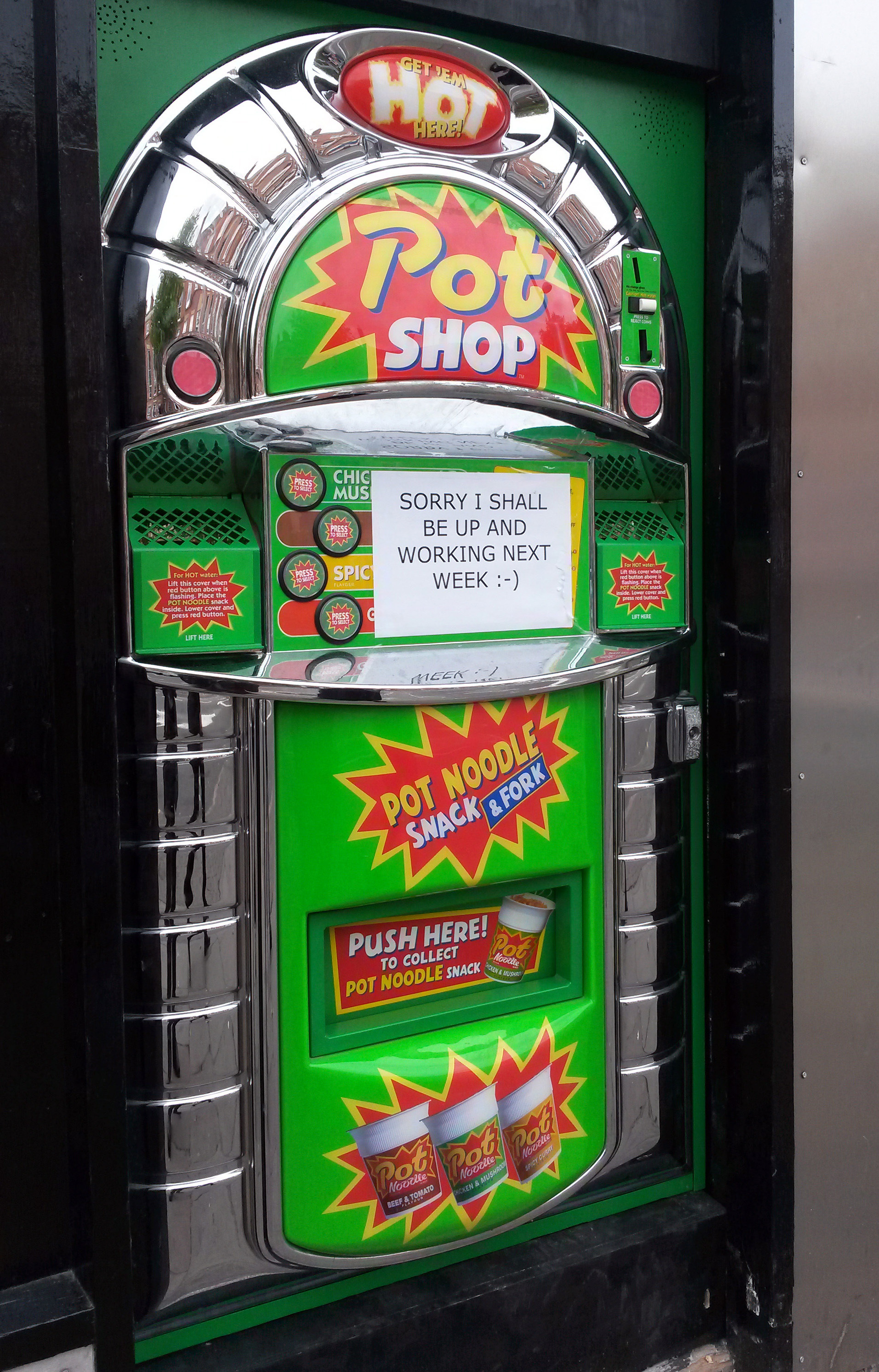 Pot Noodle vending machine. A Pot Noodle vending machine, which has been installed on Mansfield Road in Nottingham on Aug. 3, 2015. (Alex Britton—PA Images/AP)